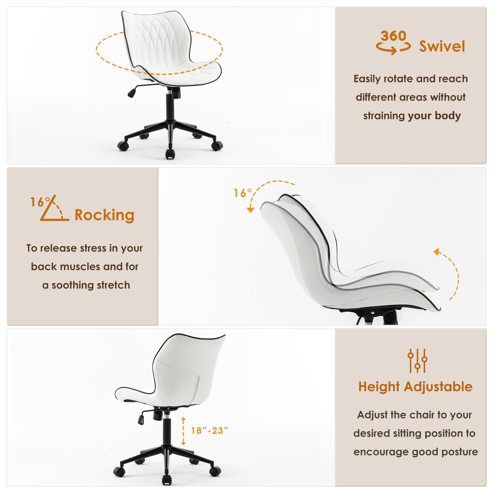 Armless Desk Chair Comfy Office Chair with Wheels Home Ergonomic Task Chair Adjustable Computer Chairs Modern Faux Leather Swivel Chair Upholstered Makeup Vanity Chair with Back(White)