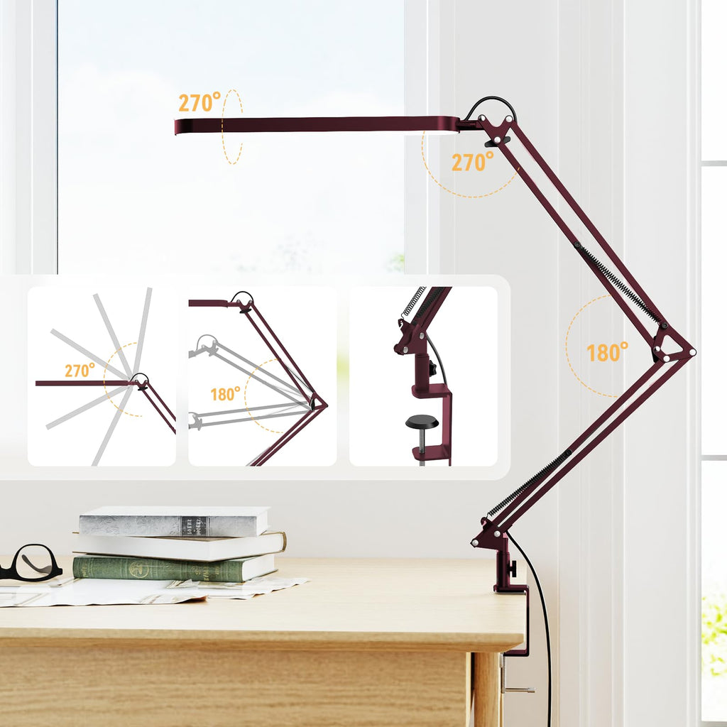 Desk Lamp - LED Desk Light - 5 Color Modes X 11 Brightness Levels - Adjustable Swing Arm - Timmer & Memory Function - 12W Lamp for Desk - Red