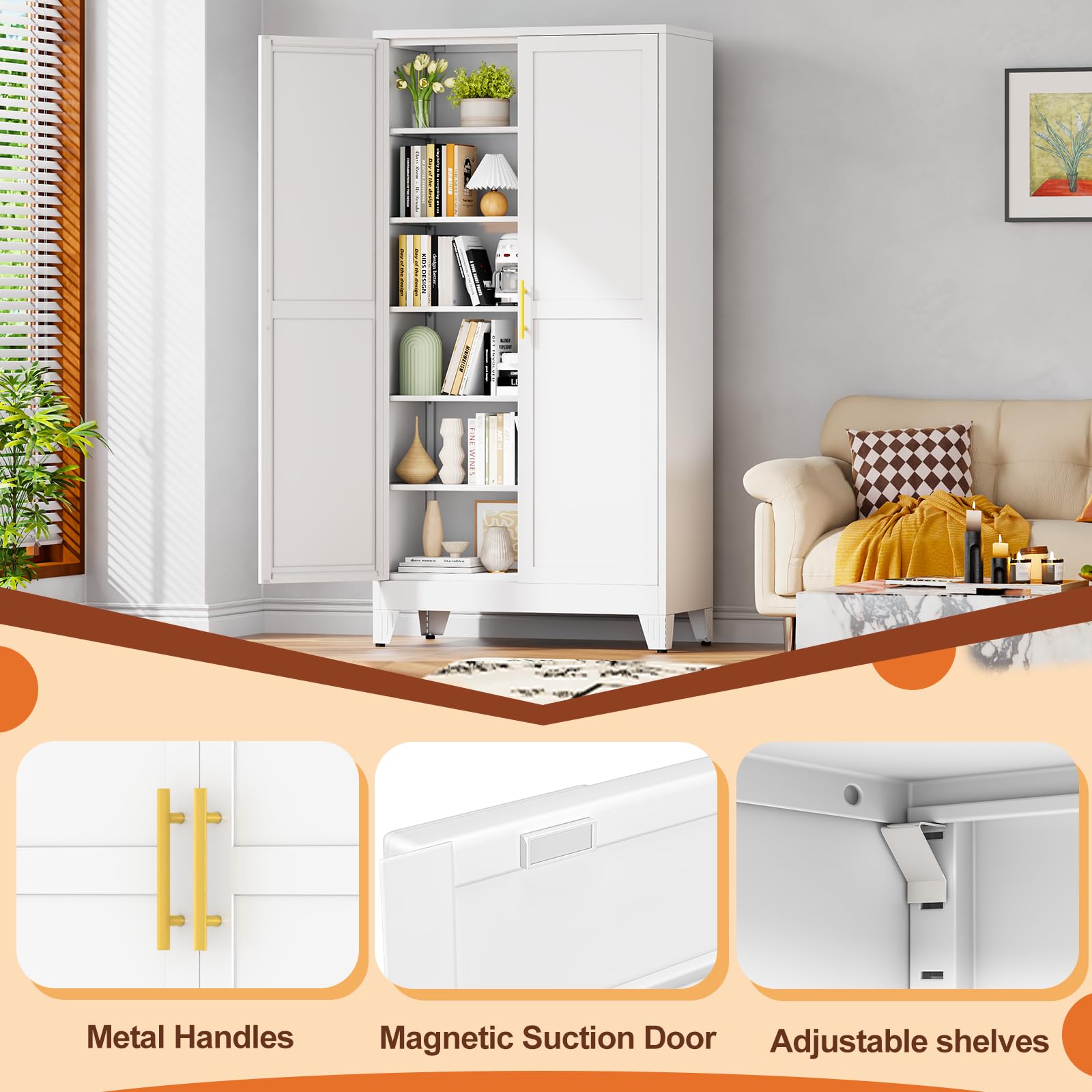 White Metal Storage Cabinet, 79" Pantry Cabinets for Office