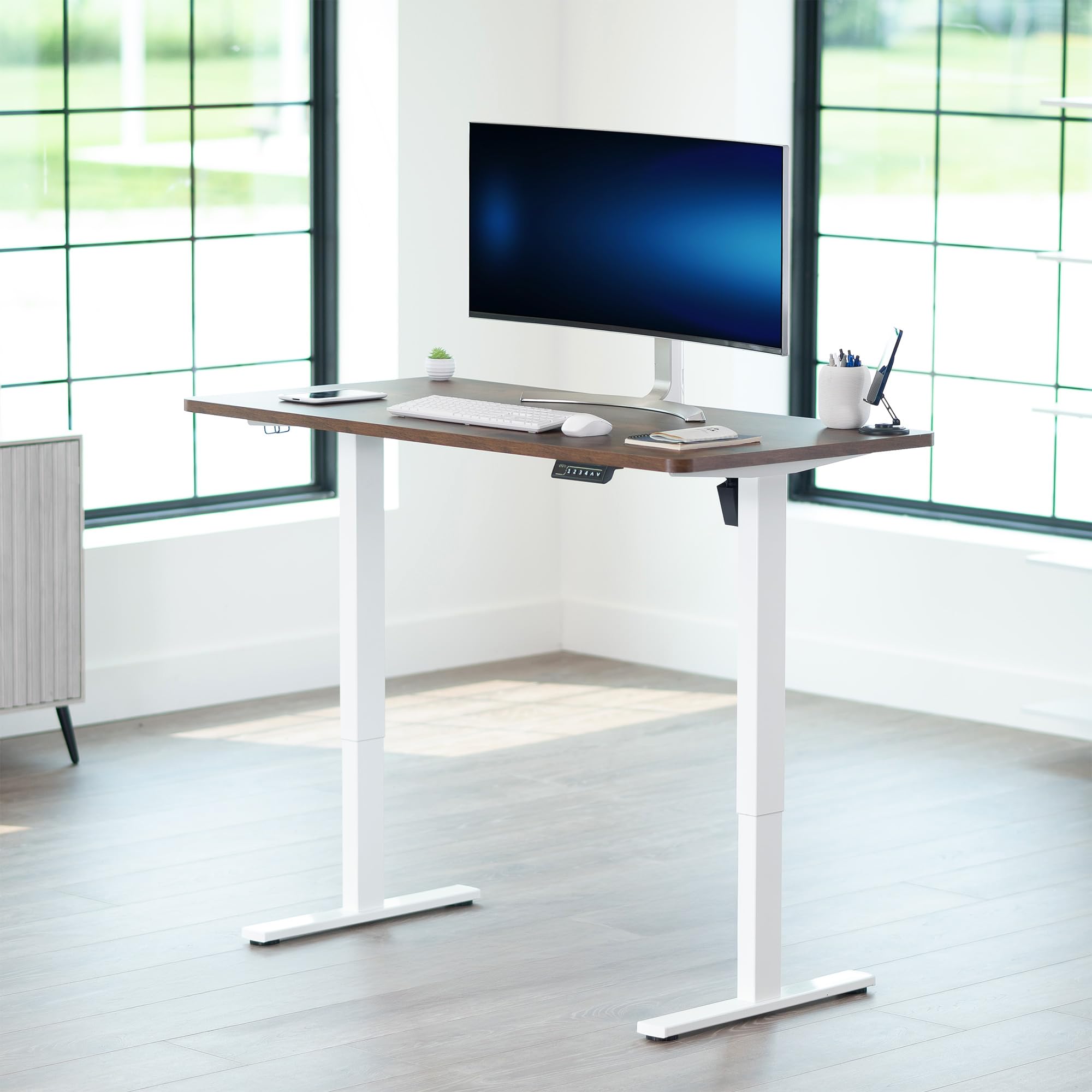 Electric 55 x 28 in Standing Desk, Memory Height Adjustment, 1B Series, Holds 220 lbs, One-Piece Rustic Vintage Brown Top, White Frame