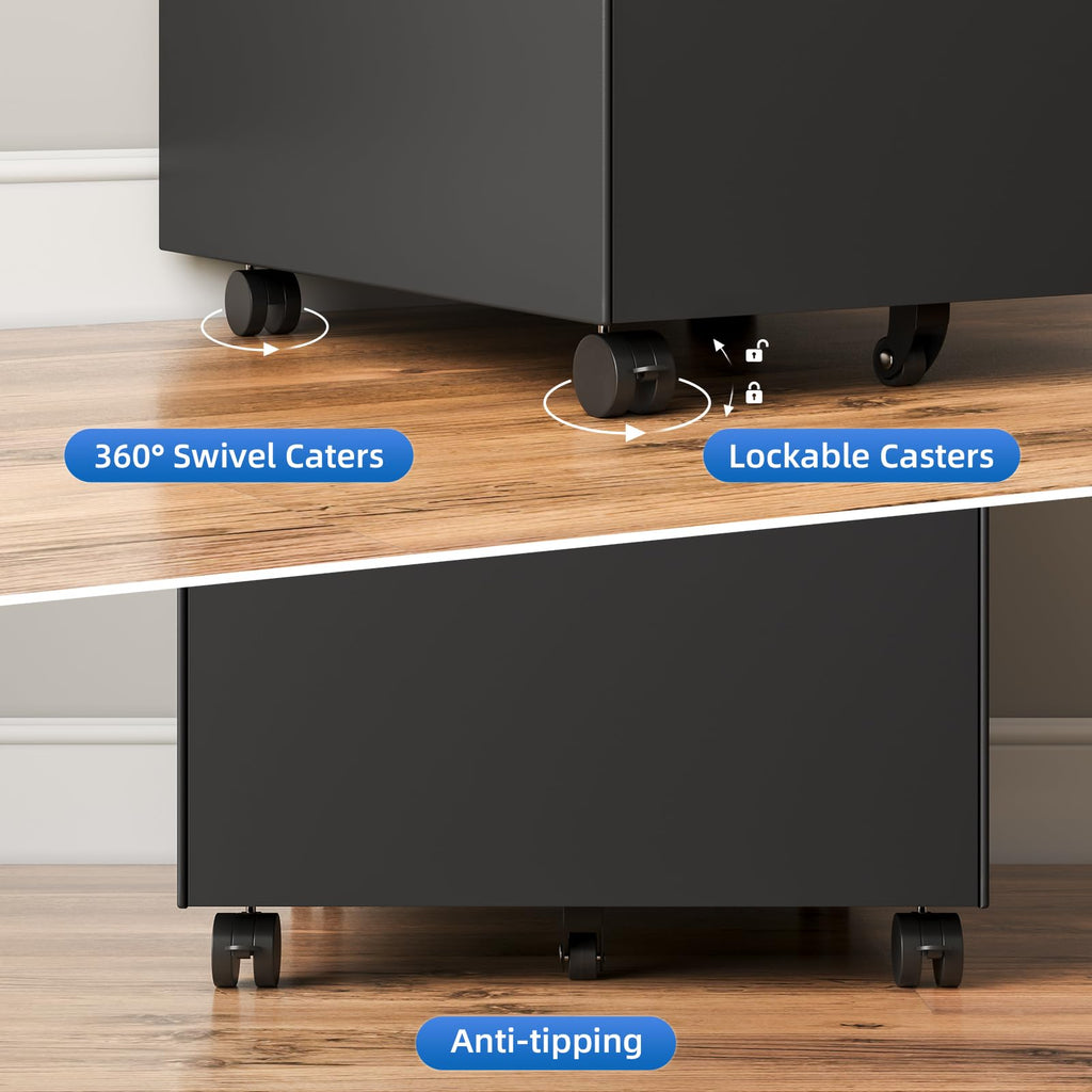 3 Drawer Metal Rolling File Cabinet Under Desk Filing Cabinet Black