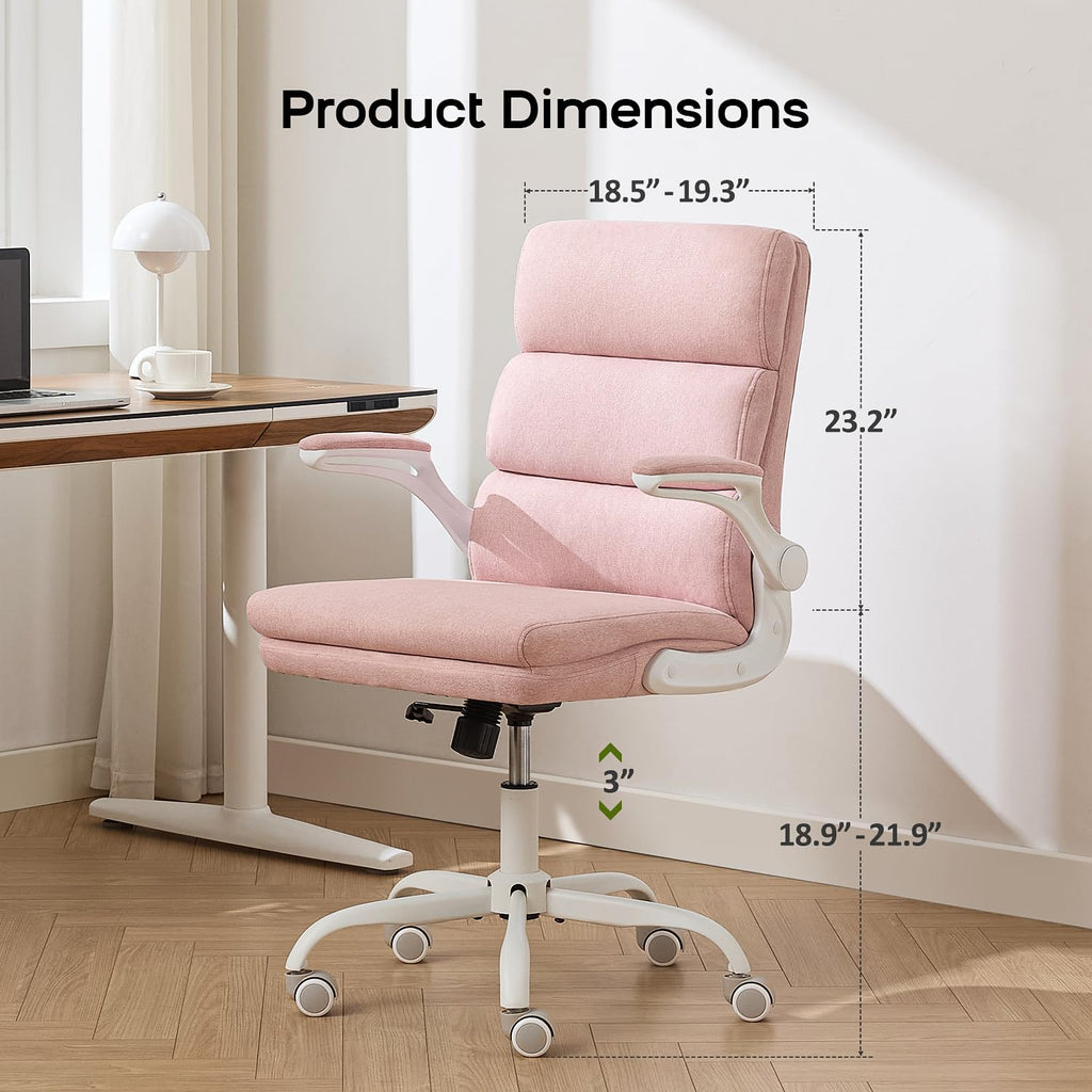 Office Chair Adjustable Desk Chair Mid Back Executive Comfortable Fabric Ergonomic Back Support Home Computer Chair with Padded Flip-up Armrest Swivel Wheels (Pink)