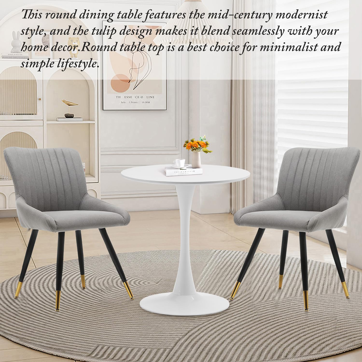 TUOMUR White Round Dining Table, 27.6" Tulip Table Kitchen Round Dining Table for 1-2 People with MDF Table Top and Metal Pedestal Base, Mid-Century Leisure Table for Home, Dining Room, Cafe