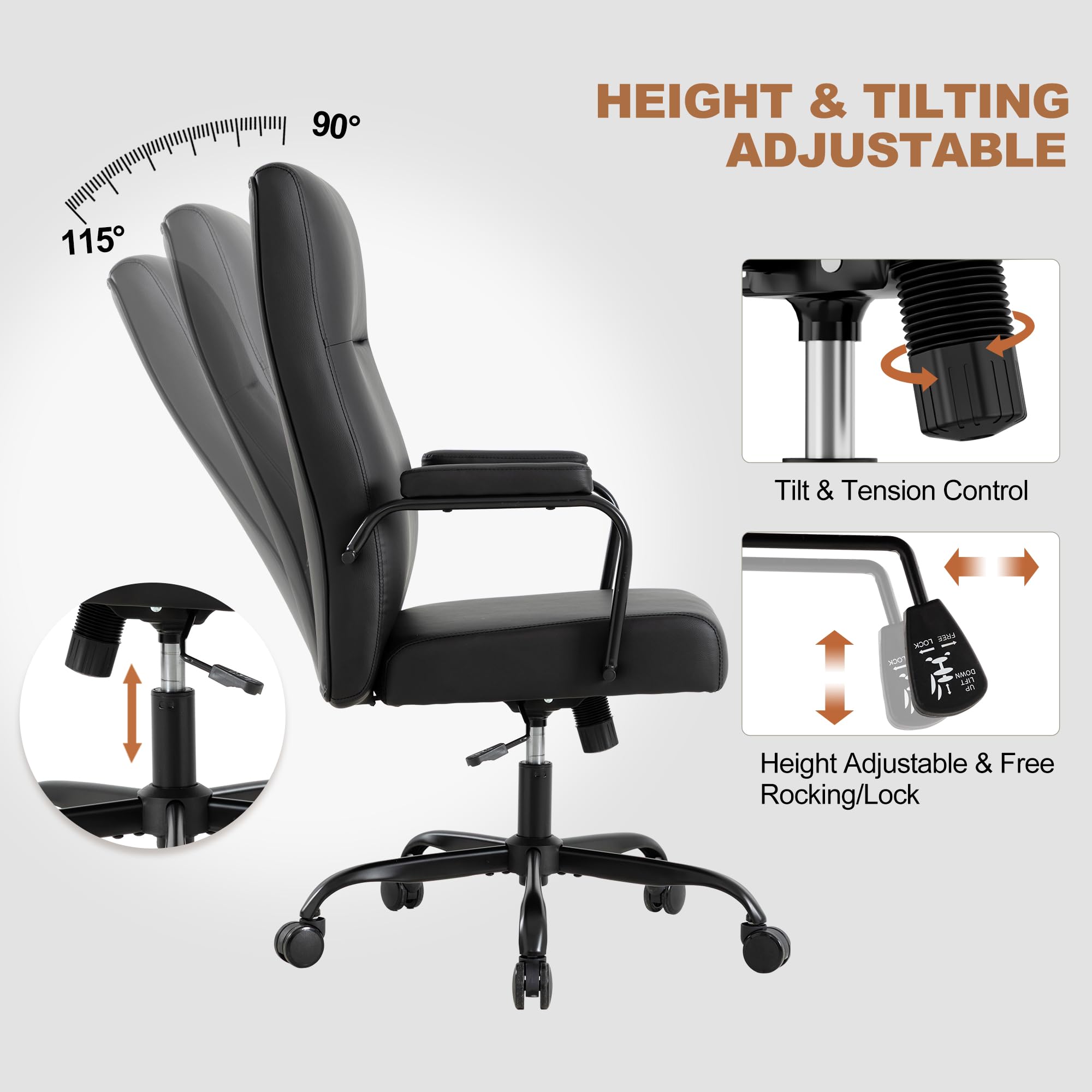 Office Desk Chair,Leather Conference Room Chairs with Wheels,Modern High Back Executive Office Chair with Memory Foam,Ergonomic Swivel Computer Chair for Home Office,Black