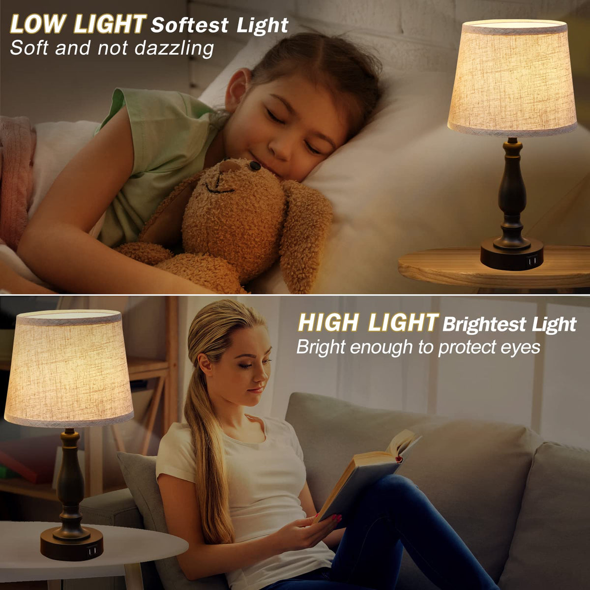 Table Lamps Set of 2, Bedside Nightstand Lamps with USB Charging Ports,Dimmable Touch with Linen Fabric Lampshade, Modern Small Lamp for Bedrooms, Living Room (Bulbs Included)