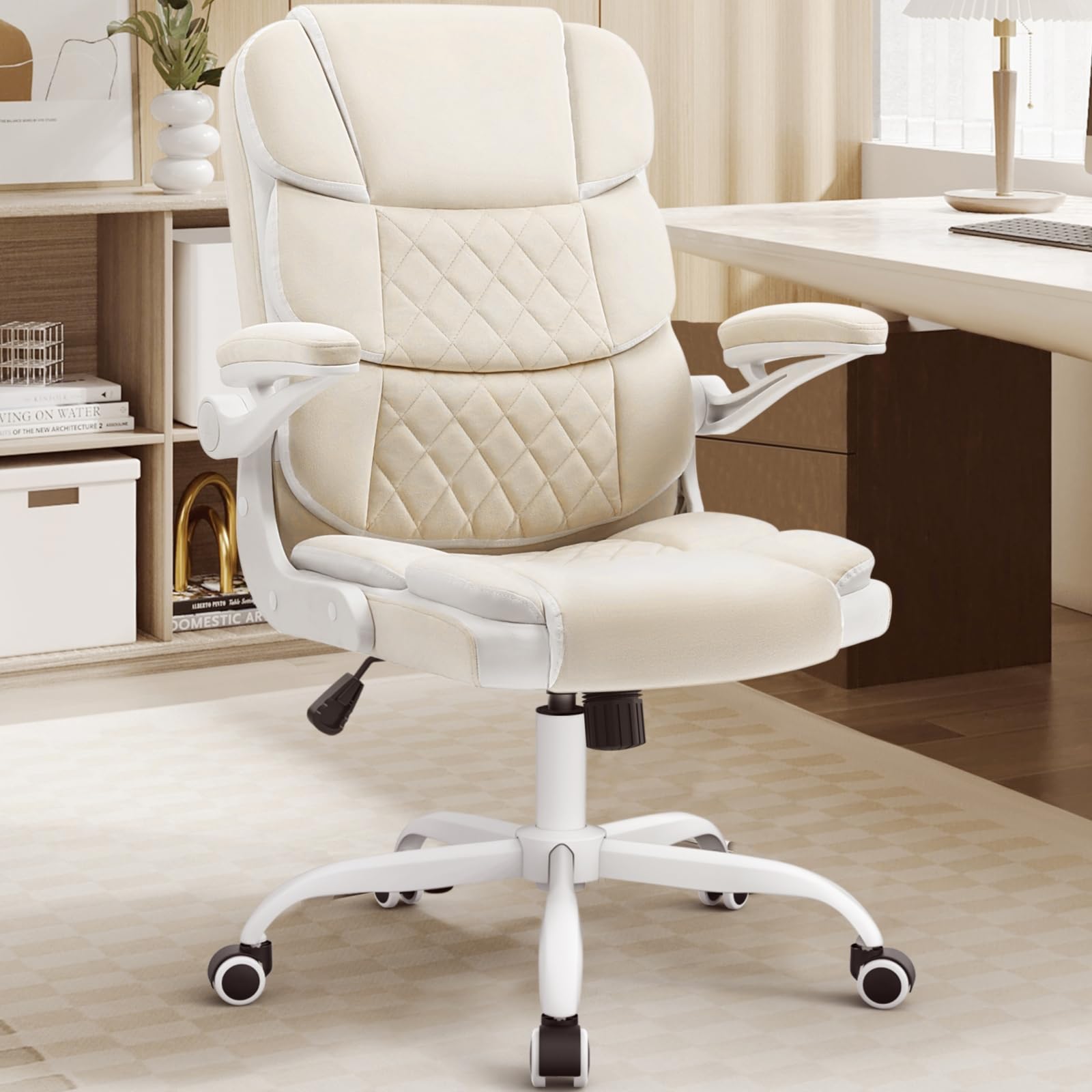 Office Chair Velvet Fabric Ergonomic Executive Computer Desk Chairs Small Cute Rolling Task Chairs for Teens&Adults,Beige