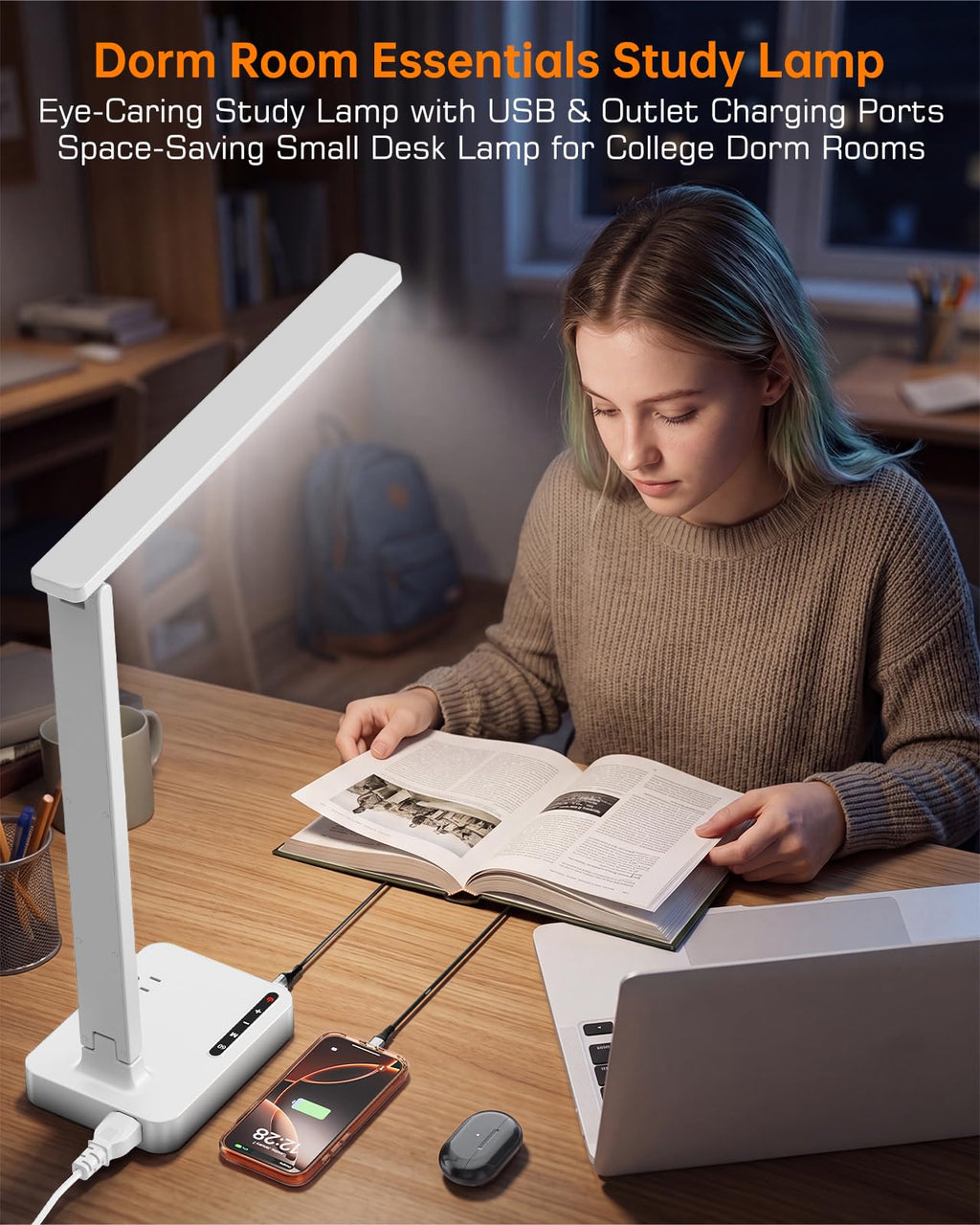 LED Desk Lamp for Dorm Office, USB-C,AC Outlet, Reading Light, White