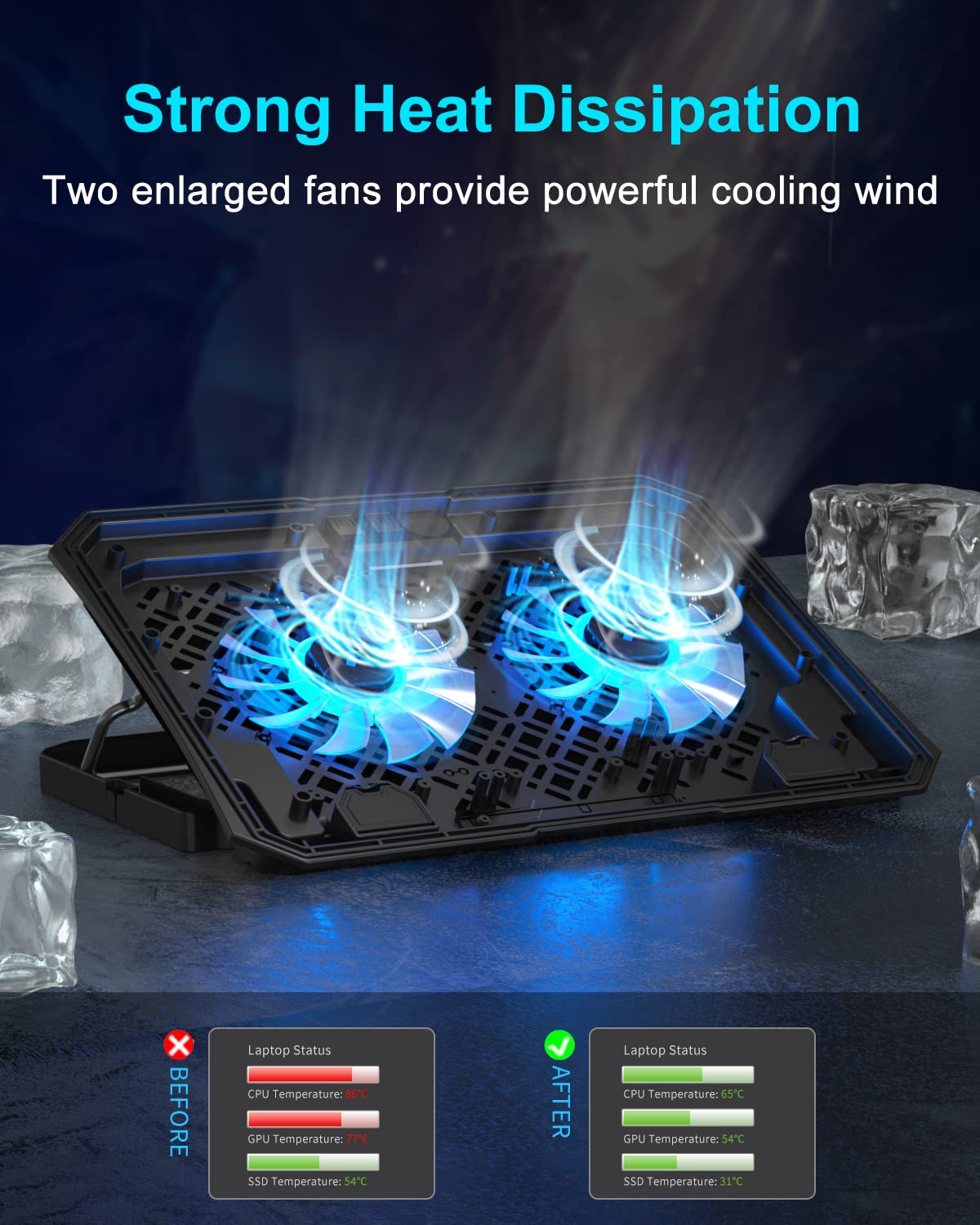 Laptop Cooling Pad, Gaming Laptop Cooler 2 Fans for 10-15.6 Inch Laptops, 5 Height Stands, 2 USB Ports (S039)
