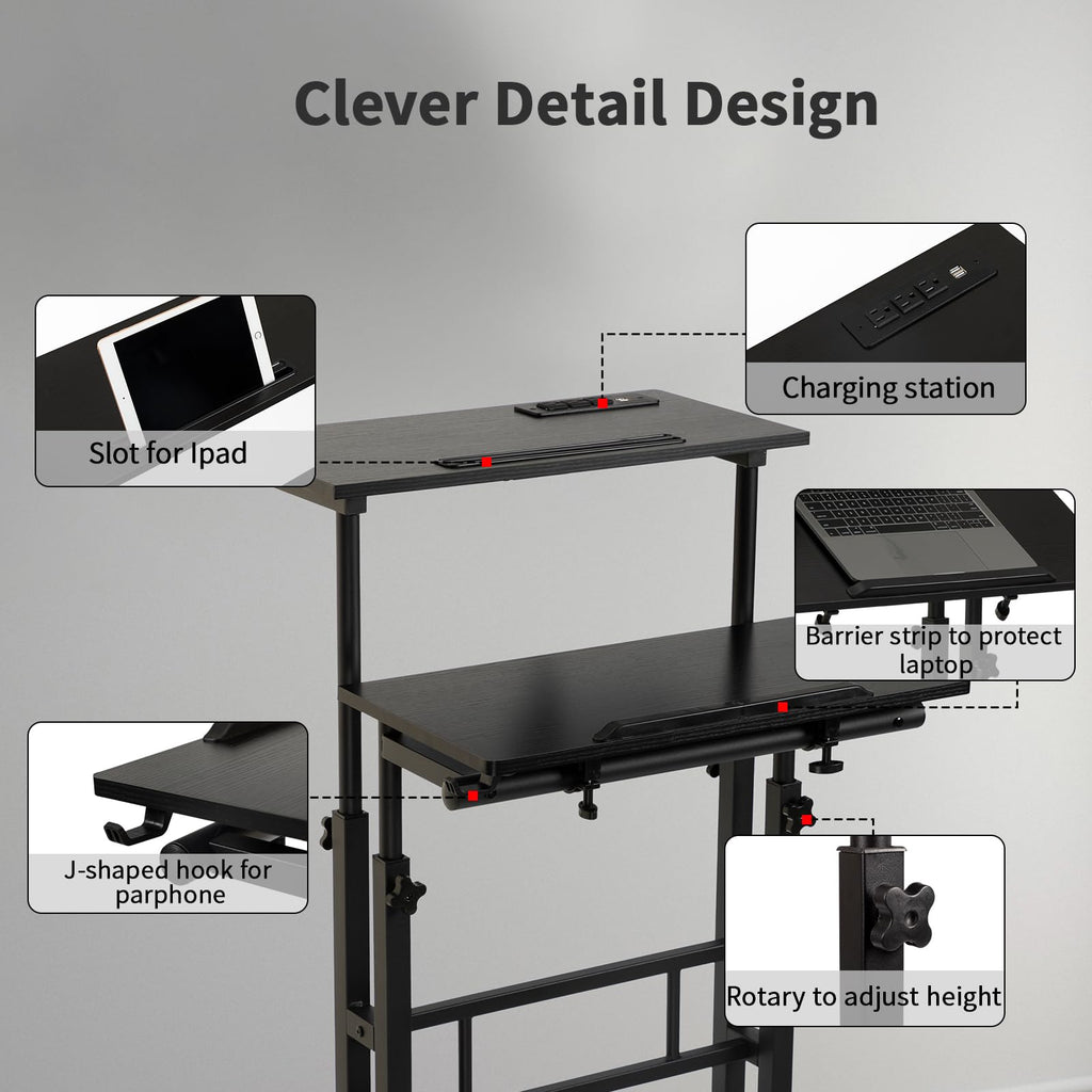 Mobile Standing Desk with Charging Station, Adjustable Standing Computer Desk, Standing Adjustable Laptop Cart with Wheels for Home Office Classroom Black