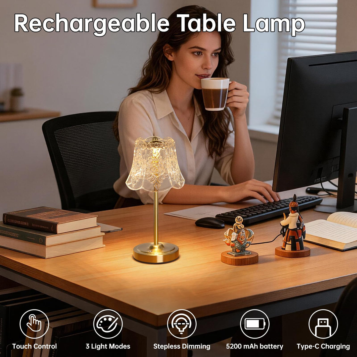 Set of 2 Cordless Touch Table Lamp with 5200mAh Battery - 3 Adjustable Color Temperatures & Dimmable, Rechargeable Lamp for Bedsides, Living Room, Entryway, Bookshelves (Transparent Rose)
