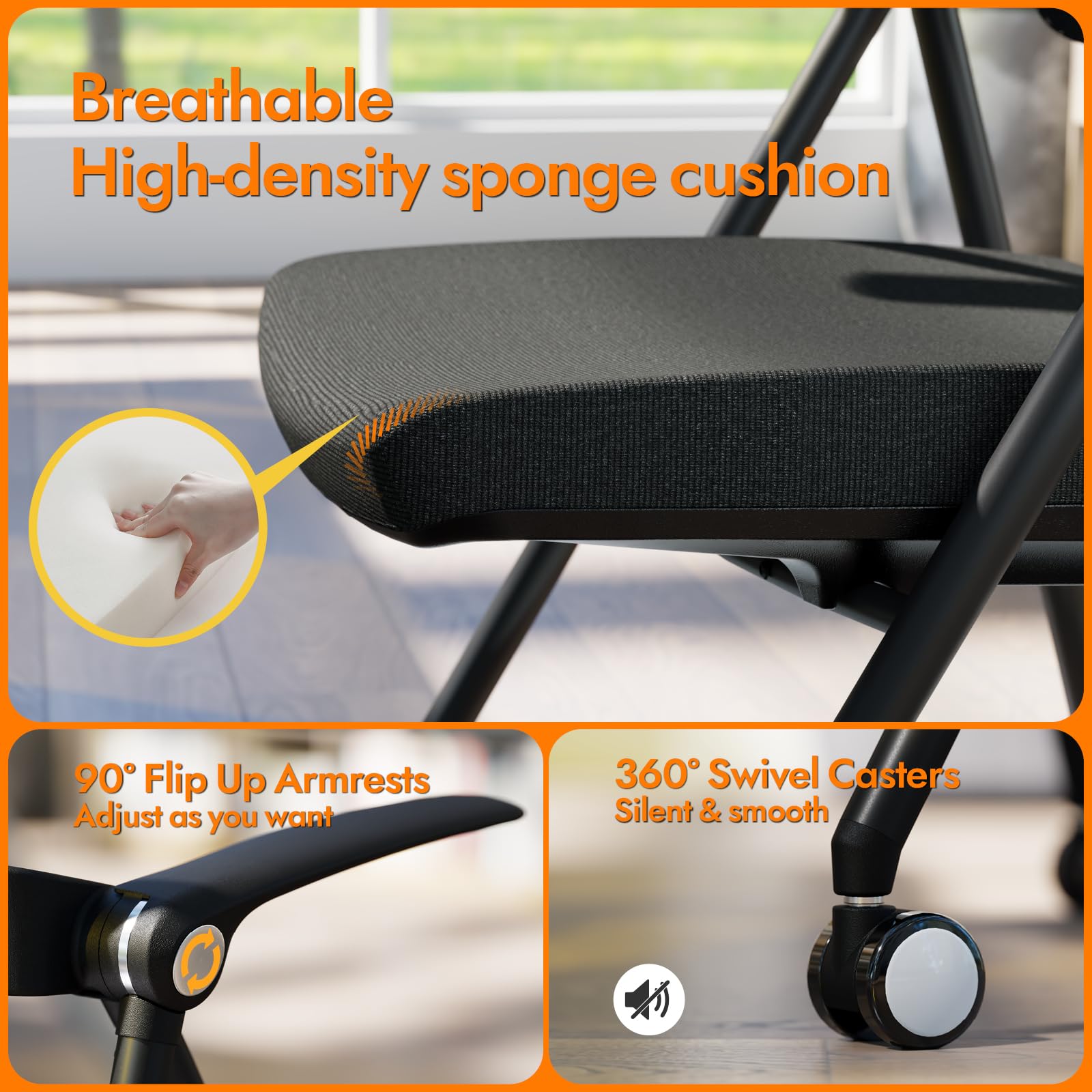 Stackable & Foldable Office Chair Set of 2, Folding Desk Chair with Flip-Up Armrest, Breathable Mesh, Thick Seat Cushion & Rocking Backrest, Conference Room Chair with Wheel (Black)