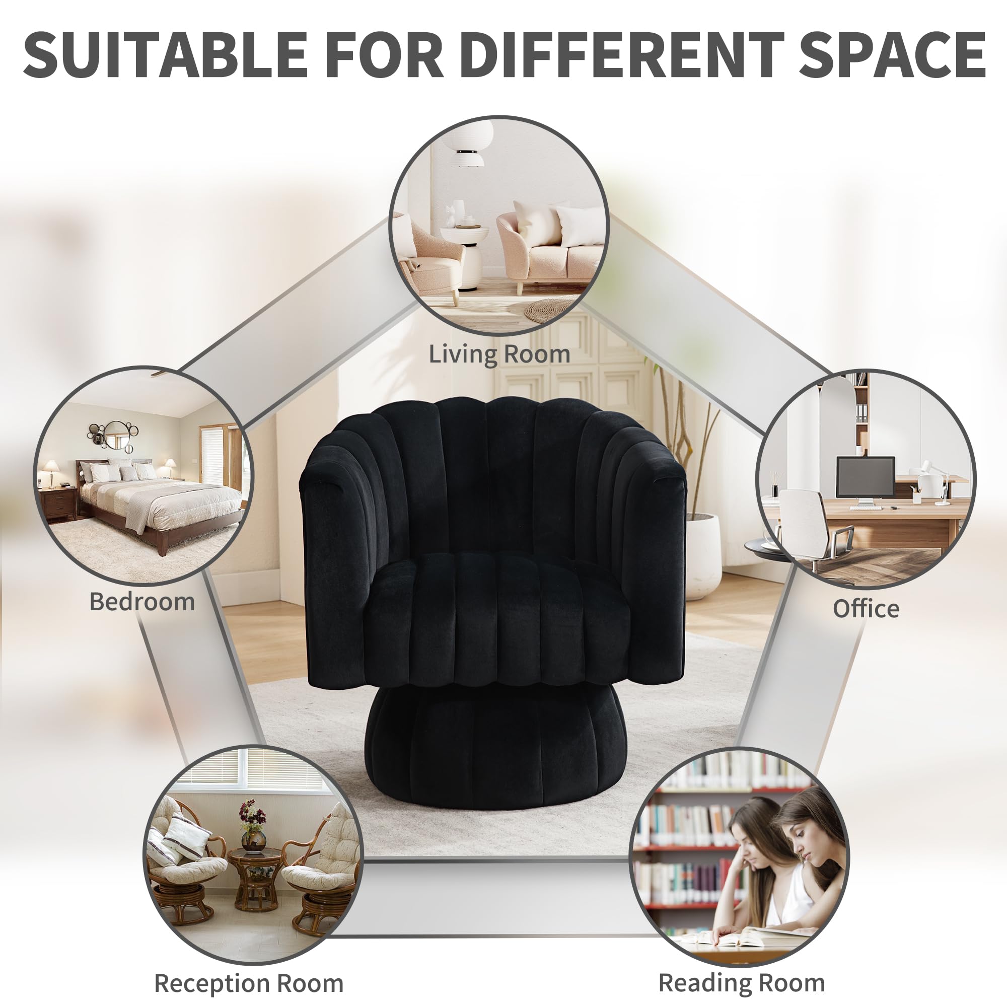 Swivel Accent Barrel Round Chair - Comfy 360° Arm Chairs Cute Small Sofa Club Velvet Reading Chair for Office Living Room Bedroom - Black