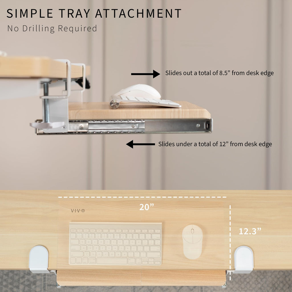Small Clamp-on Computer Keyboard and Mouse Under Desk Slider Tray, 20 x 11 inch Pull Out Platform Drawer, Light Wood