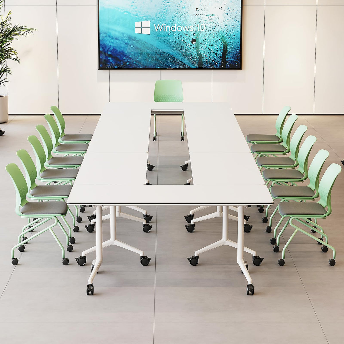 Folding Conference Table with Wheels, Flip-Top, 55.1in, 4 Pack, White