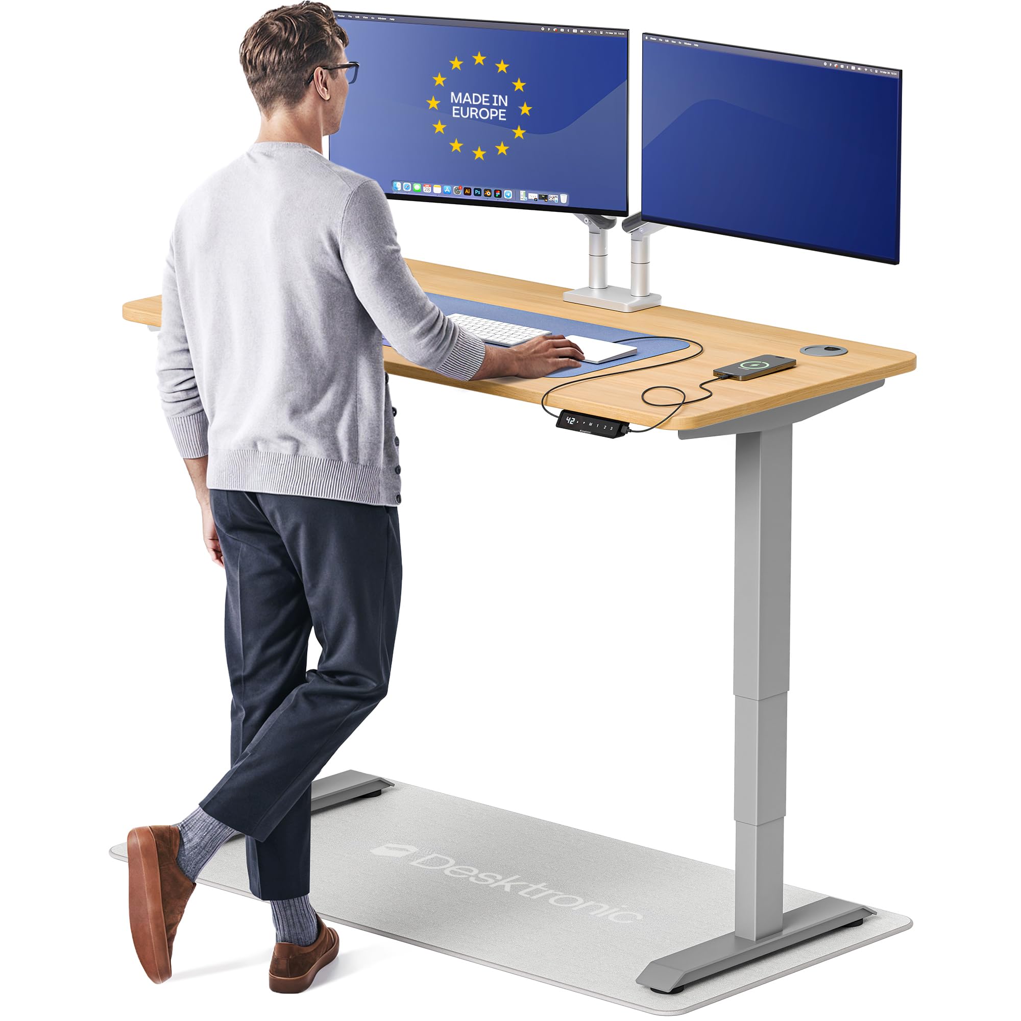 Standing Desk 54x28 — Made in Europe, Ergonomic Sit Stand Home Office Desk, Electric Height Adjustable, Dual Motor, USB & USB-C Charging, Wobble-Free, Touchscreen, 3 Memory Presets