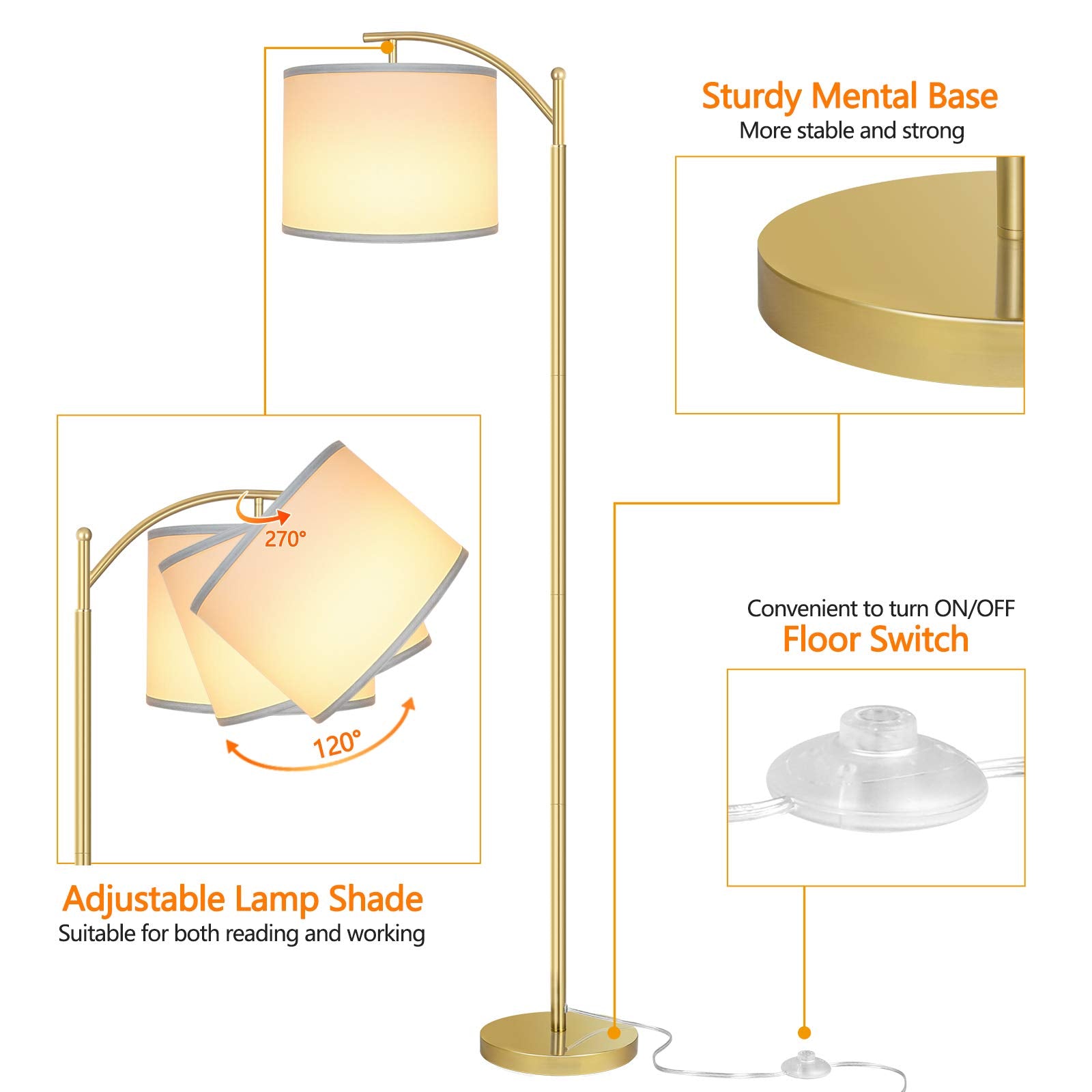 Floor Lamp for Living Room with 3 Color Temperatures LED Bulb, Standing Lamp Tall Industrial Floor Lamp Reading for Bedroom, Office (9W LED Bulb, White Lampshade Included) -Gold