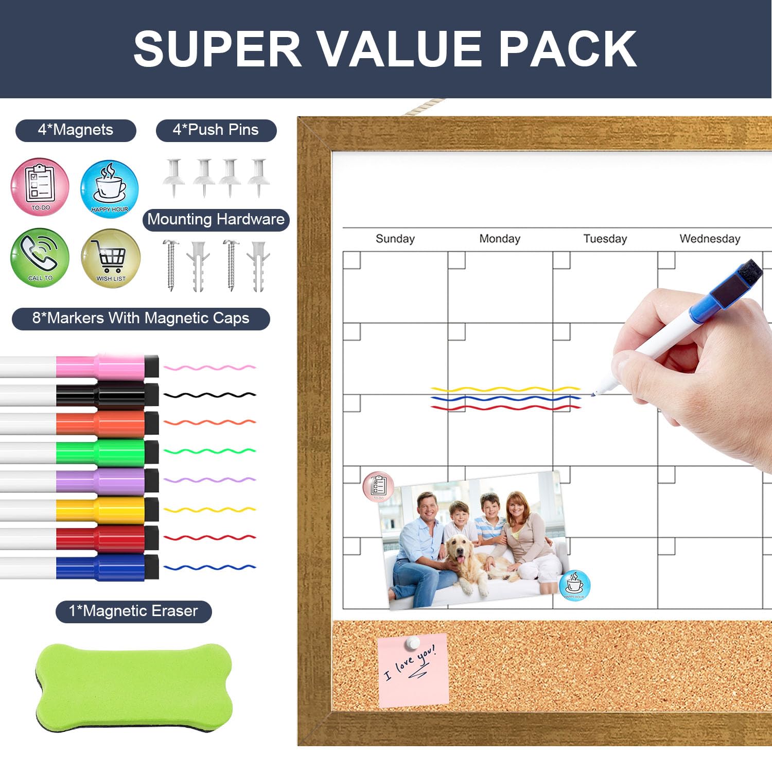 Calendar Whiteboard for Wall, 18x24 Inches White Board Calendar Dry Erase, Magnetic Monthly White Board with Gold Wood Frame, Hanging Dry Erase Board for Kitchen Home Office School Planner