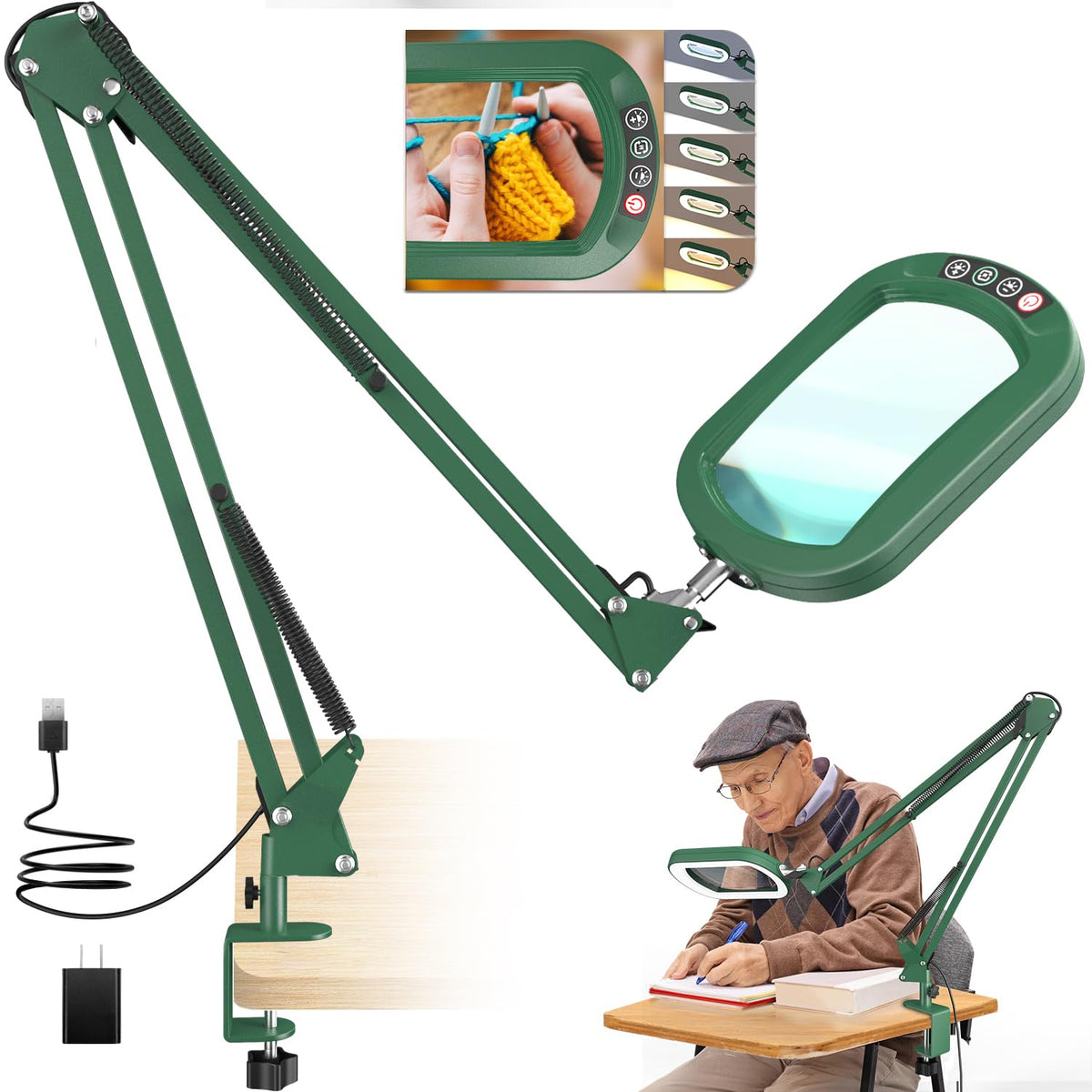 16" Extra Long Magnifying Glass with Light and Clamp, Real Glass, 5 Color Modes, Stepless Dimmable, Lighted Magnifier with Stand Hands Free, LED Swing Arm Desk Lamp for Close Work, Craft, Green