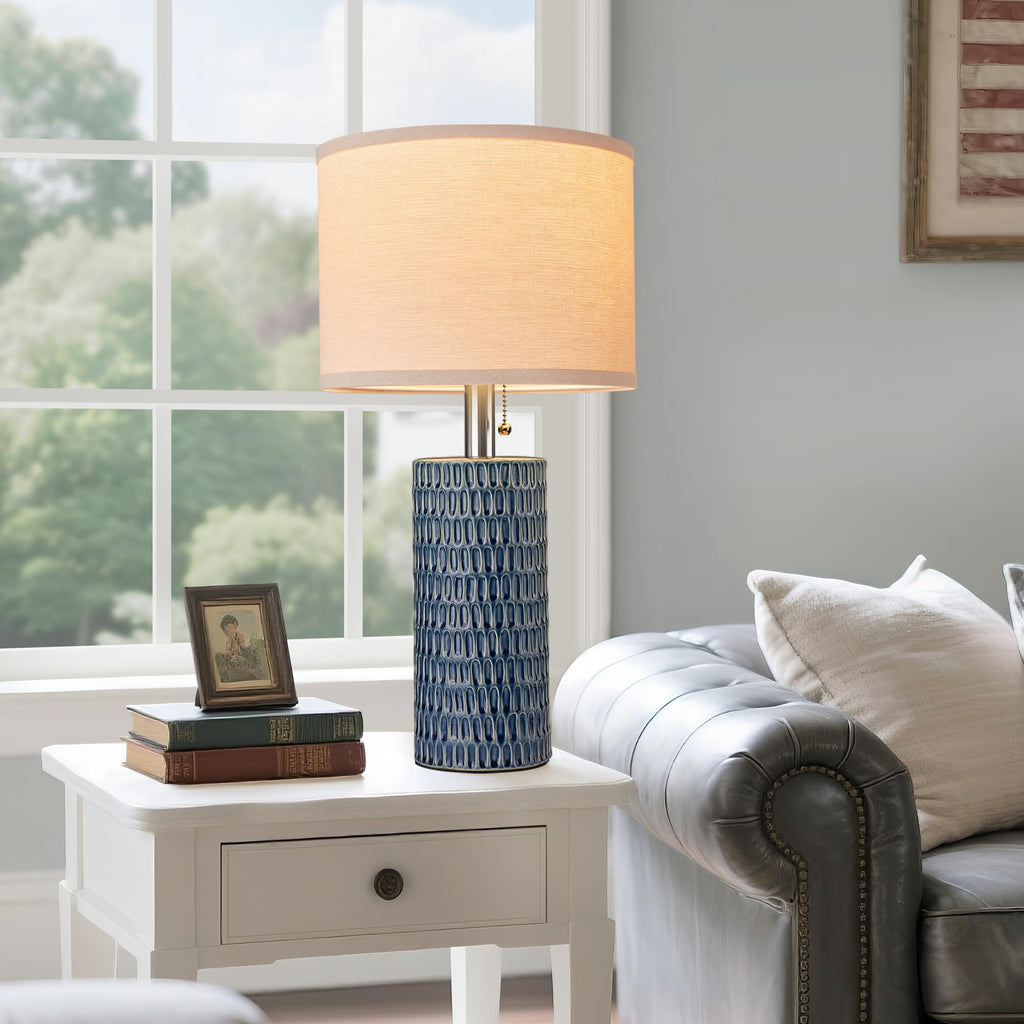 20.5" Modern Ceramic Table Lamps for Bedroom Set of 2, Bedside Lamps for Night Stands with Beige Lampshade, Farmhouse Table Lamp for Living Room Office Dorm, Blue