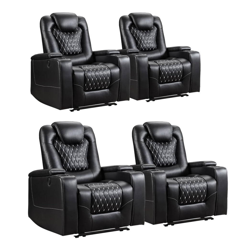 Power Recliner Chair Set of 4, Electric Soft Faux Leather Reclining Home Theater Seating - USB Ports, Cup Holders, Hidden Arm Storage Movie & Media Room Chairs (Black)