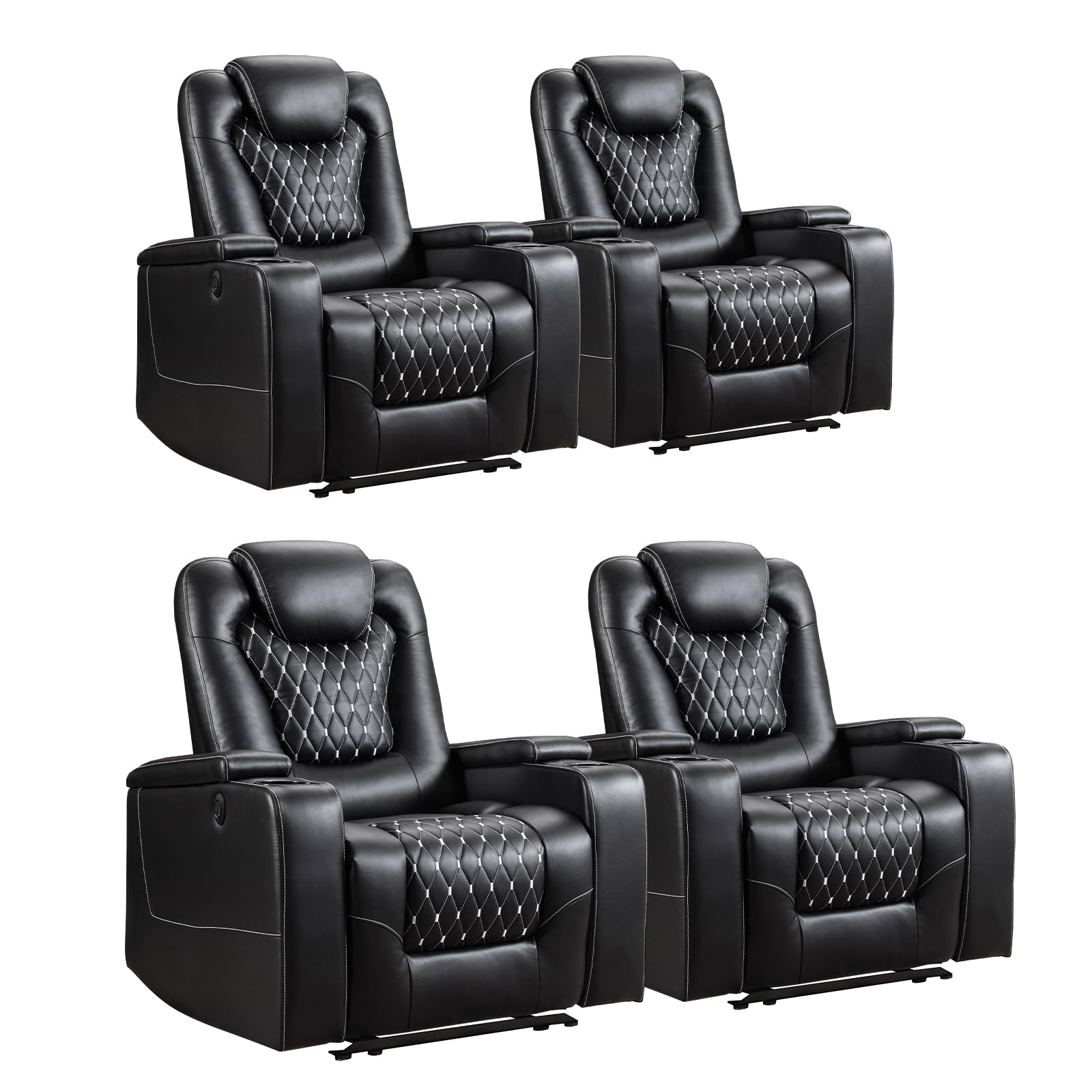Power Recliner Chair Set of 4, Electric Soft Faux Leather Reclining Home Theater Seating - USB Ports, Cup Holders, Hidden Arm Storage Movie & Media Room Chairs (Black)