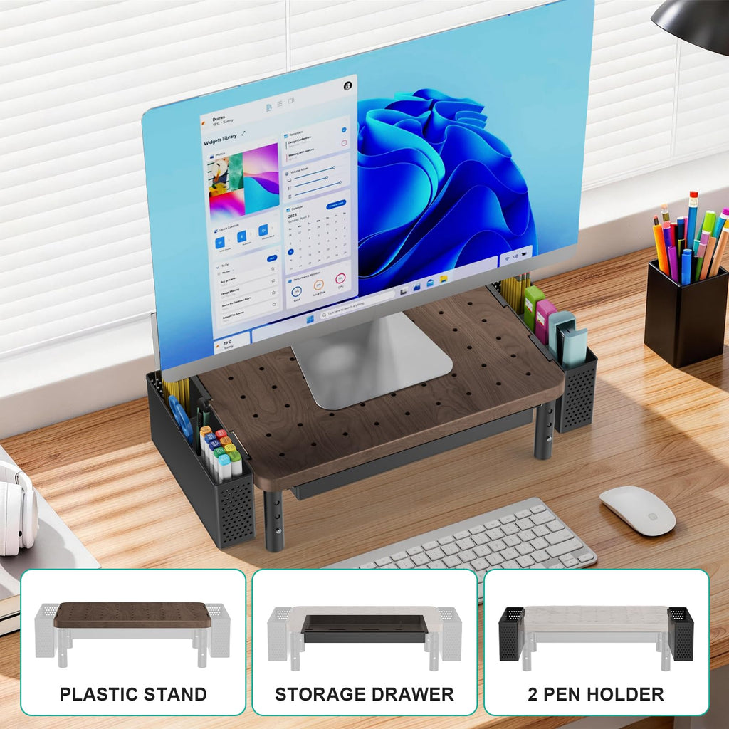 Plastic Computer Monitor Stand with Storage, Desk Organizer with Drawer and Pen Holder, Desk Monitor Riser 3 Height Adjustable, Laptop Riser for Computer, Laptop, Printer(PTT003-C), 1 Pack, Brown