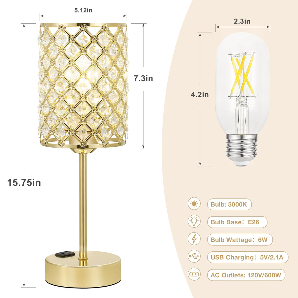 Gold Lamps for Night Stands, Crystal Table Lamp with Touch Control
