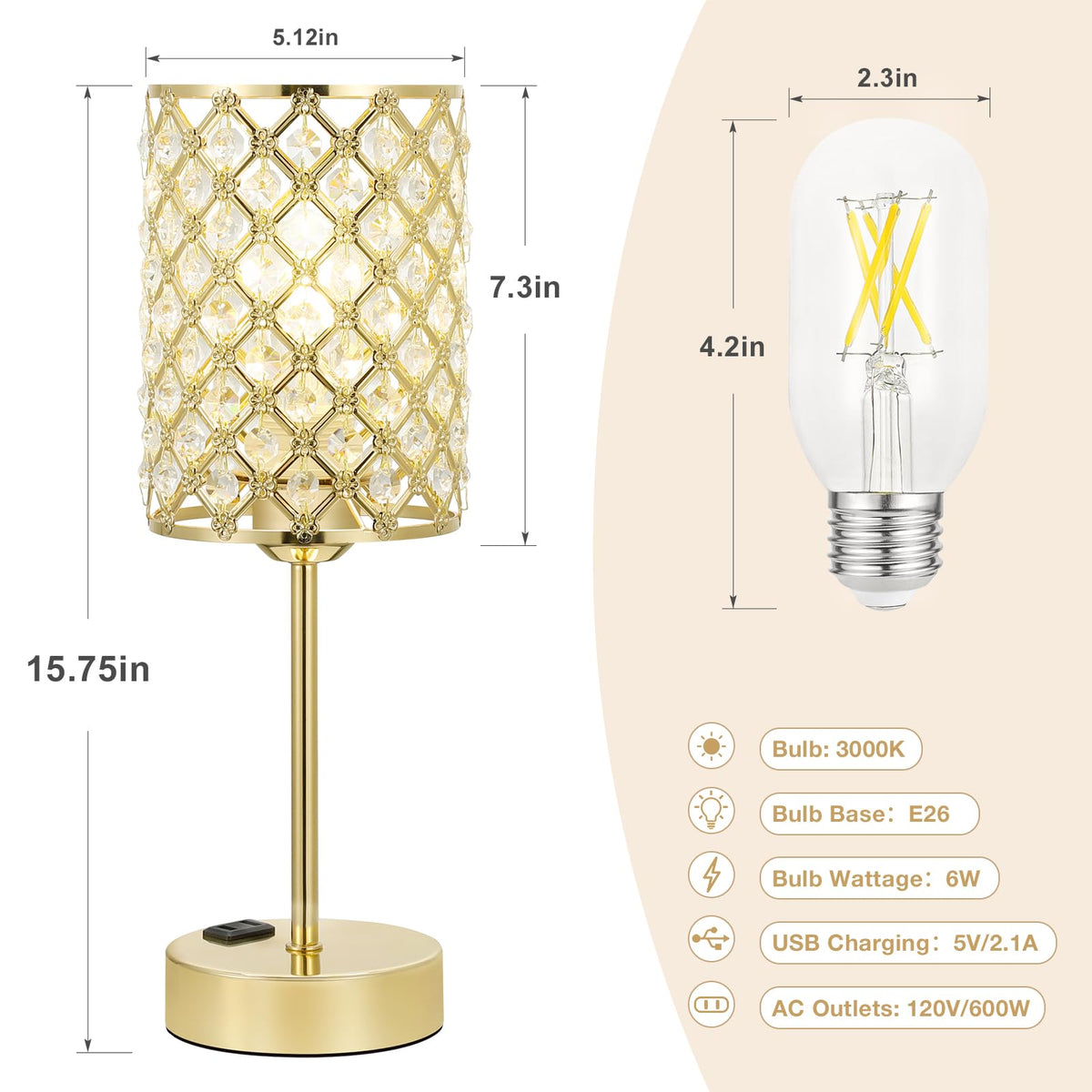 Gold Lamps for Night Stands, Crystal Table Lamp with Touch Control
