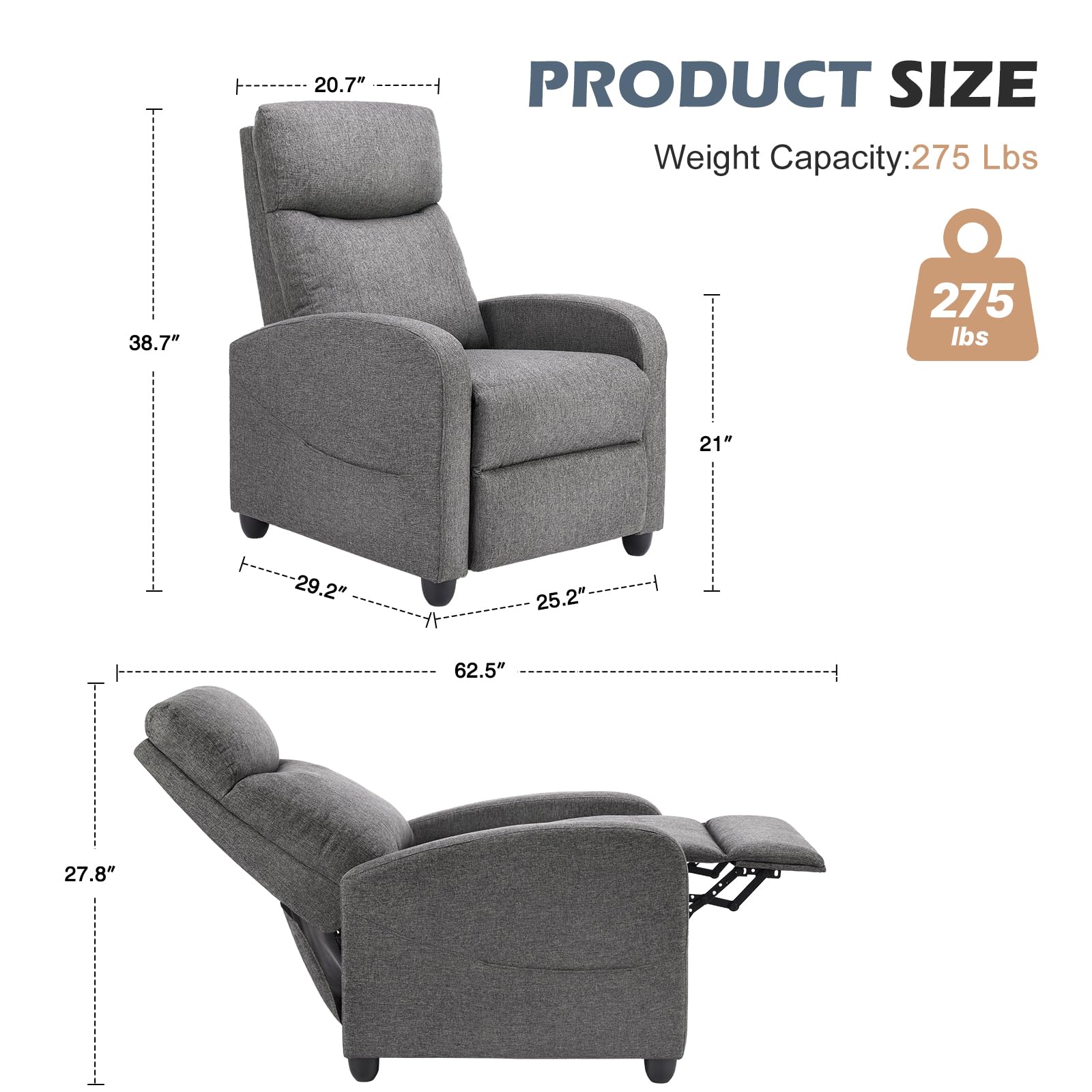 Massage Recliner Chair for Adults, Adjustable Home Theater Seating with Lumbar Support for Living Room, Modern Fabric Reclining for Small Space, Grey