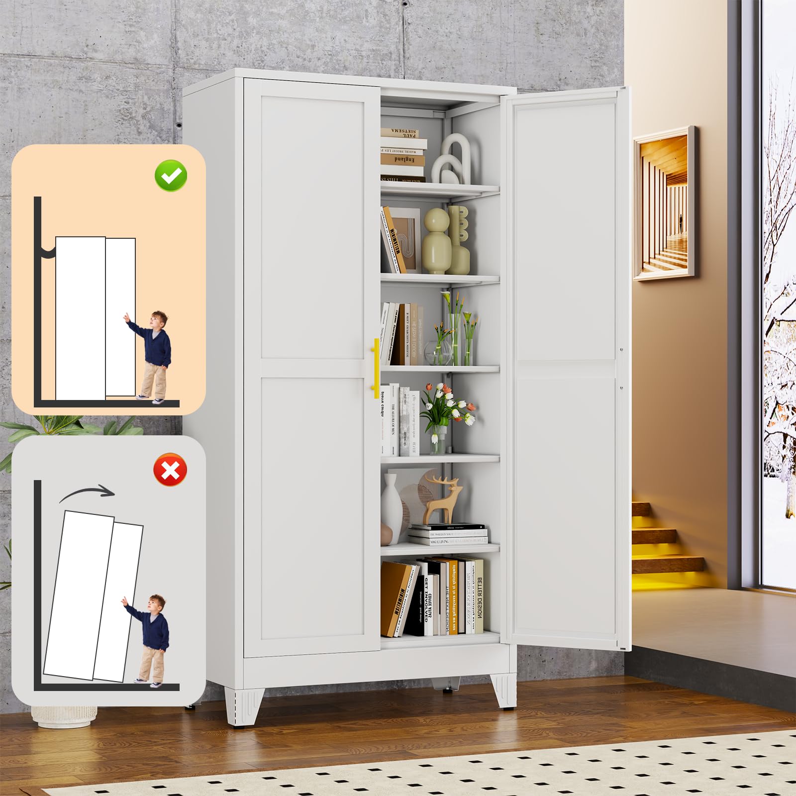White Metal Storage Cabinet,75" Steel Cabinets for Home Office