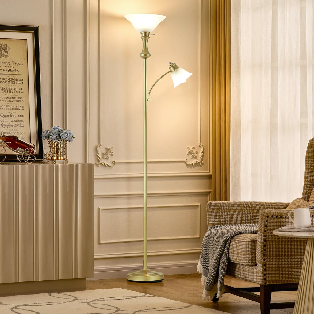 Torchiere Glod Floor Lamp with Adjustable Angle Reading Lamp-71IN