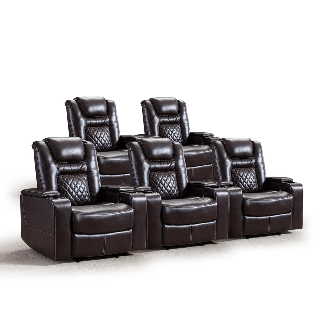 Electric Power Recliner Chair Set of 5, Breathable Leather Home Theater Seating with Hidden Arm Storage, Power Recliner Chair for Living Room with USB Ports and Cup Holders,Brown