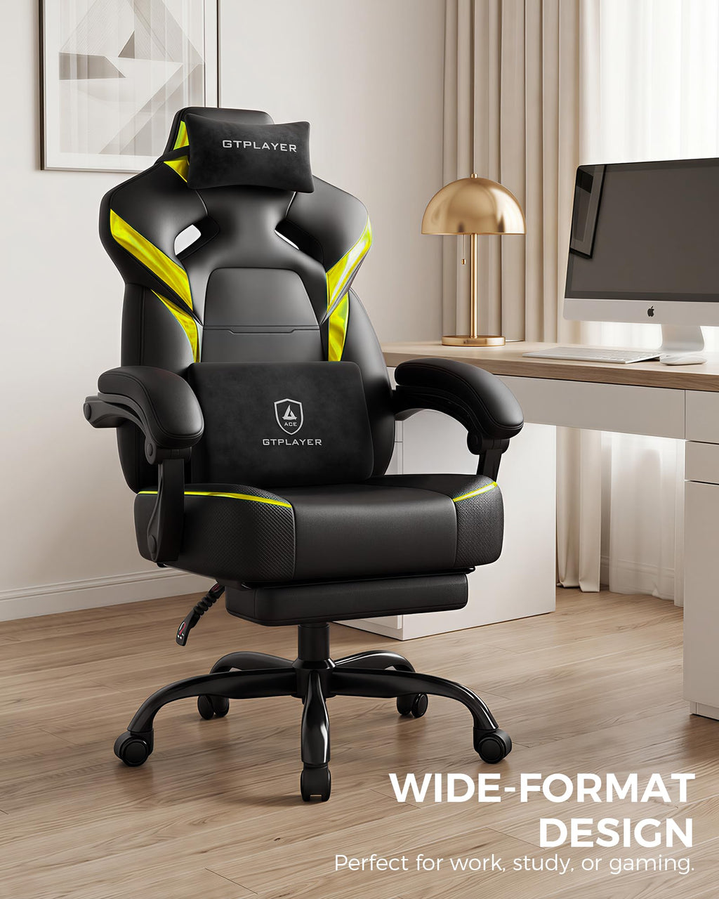 Big and Tall Gaming Chair with Footrest, High Back Ergonomic Office Chair for Adults, Heavy Duty 350 lbs Capacity, Premium Leather & Iridescent Trim, ACE-Armor, Yellow