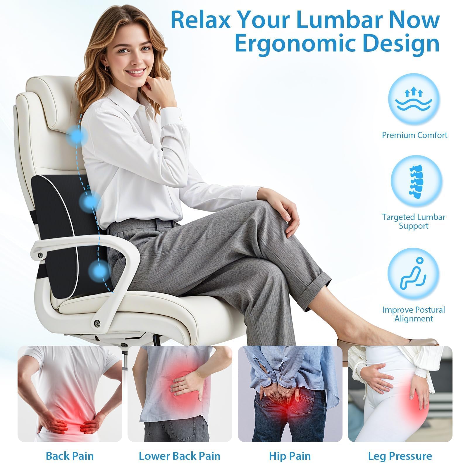 Large Lumbar Support Pillow for Office Chair, Car Seats and Home Desks, Ergonomic Back Support with Double Adjustable Straps, Machine Washable Cover (Black,XL)