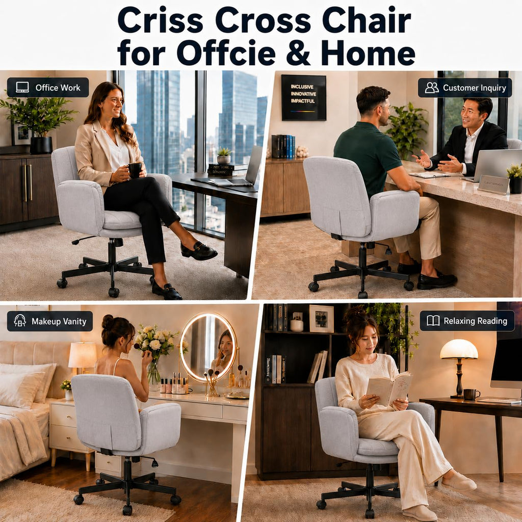 Criss Cross Office Chair with Wheels and Arms, Vanity Chair with Back, Comfy Swivel Cross Legged Office Chairs for Ultimate Comfort and Support, Unique Multifunctional Stylish Arms (Fabric Gray)