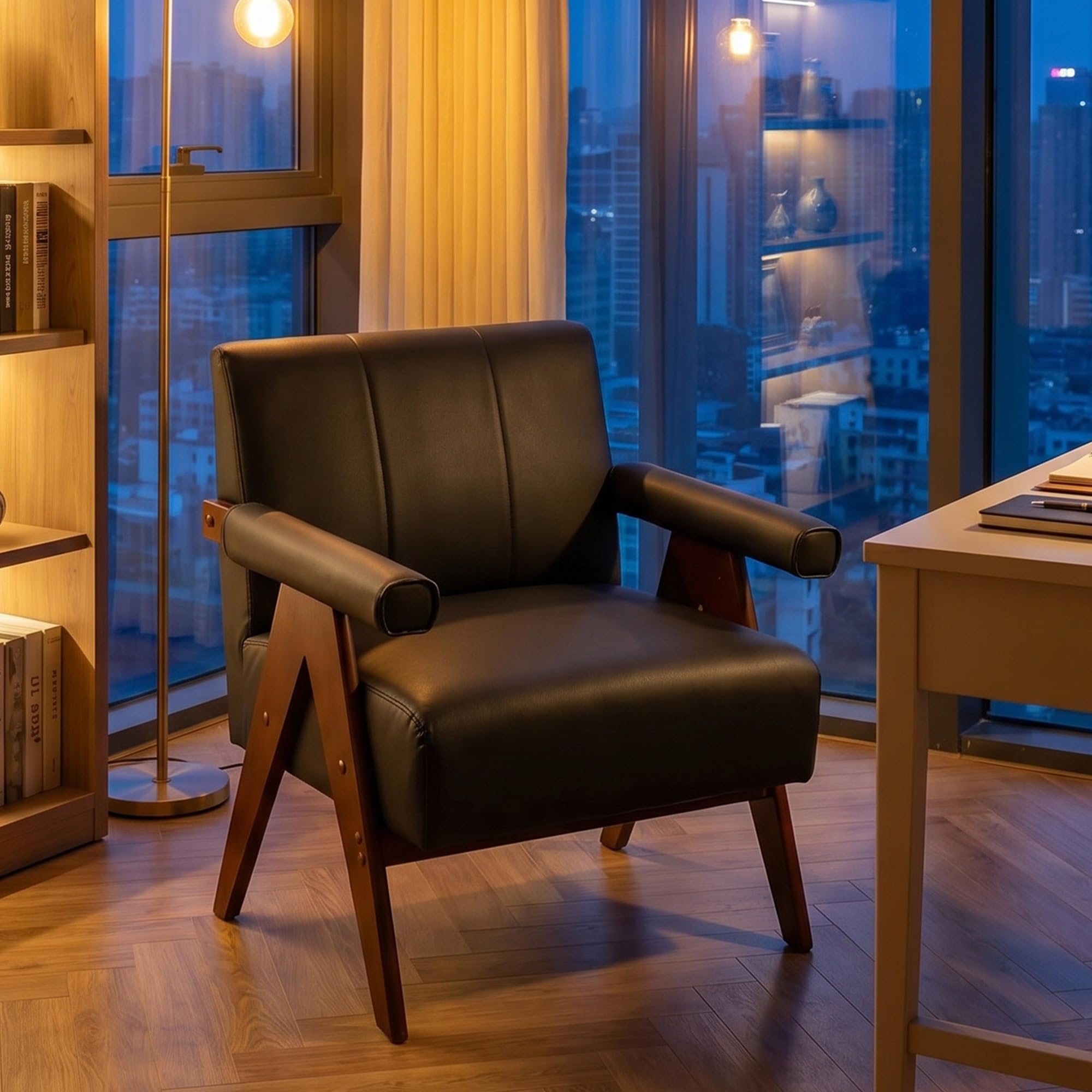 Black Leather Accent Chair,Mid Century Modern Accent Chair, Solid Wood Frame Black Leather Armchair, Modern Reading & Living Room Chair for Office Guest & Waiting Room