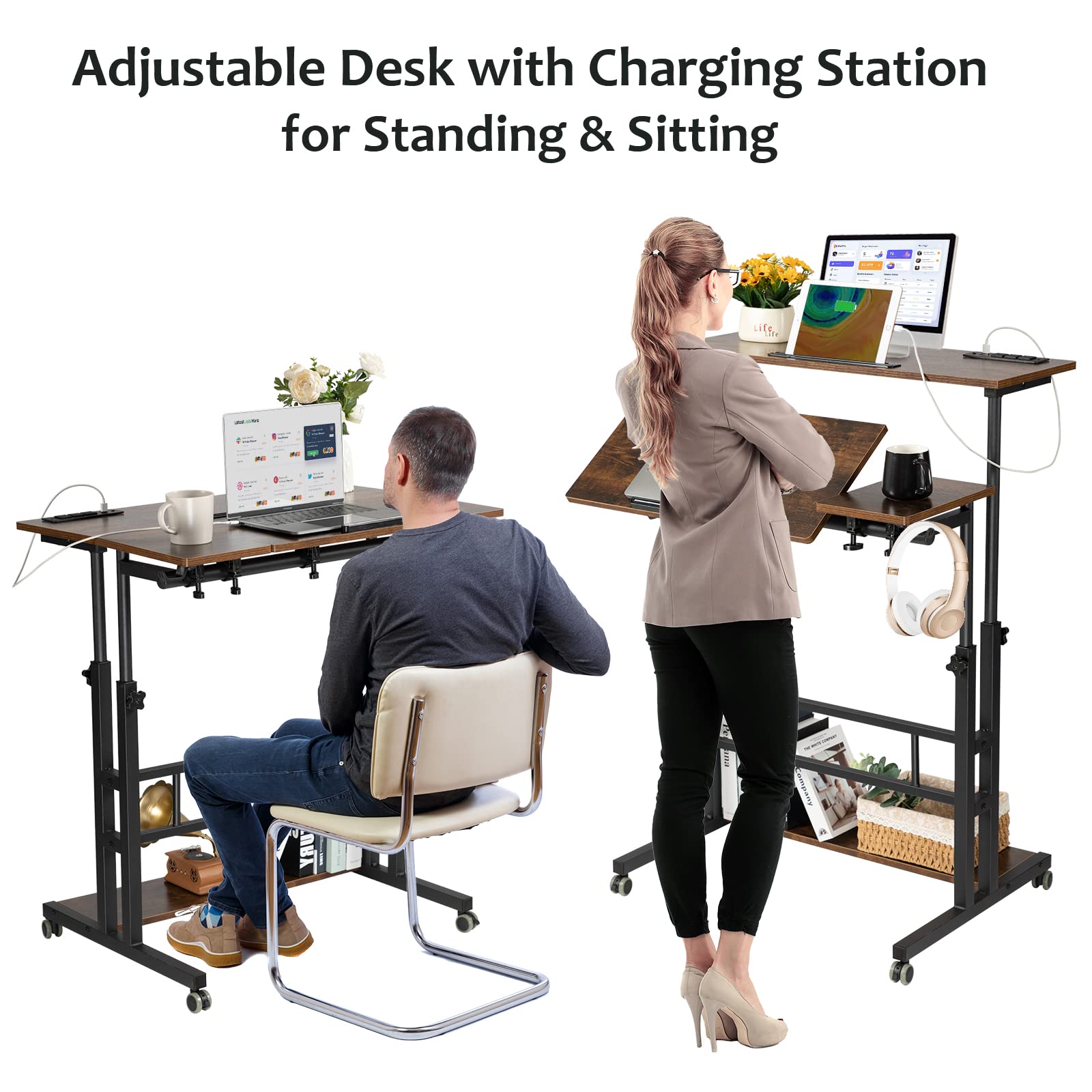 Mobile Standing Desk Adjustable Height, Rolling Desk Stand Up Desk, Mobile Laptop Desk, Rolling Computer Desk with Charging Station, Portable Desk with Wheels, Rustic Brown