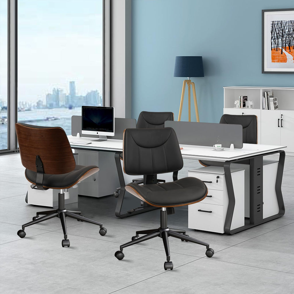 4Pack, Office Chair Armless with Wheels, Mid-Century Modern Walnut Desk Chair, Adjustable Height Reading Chair, PU Leather Mid Back & Swivel Computer Chairs for Home Meeting Room Bedroom, Black