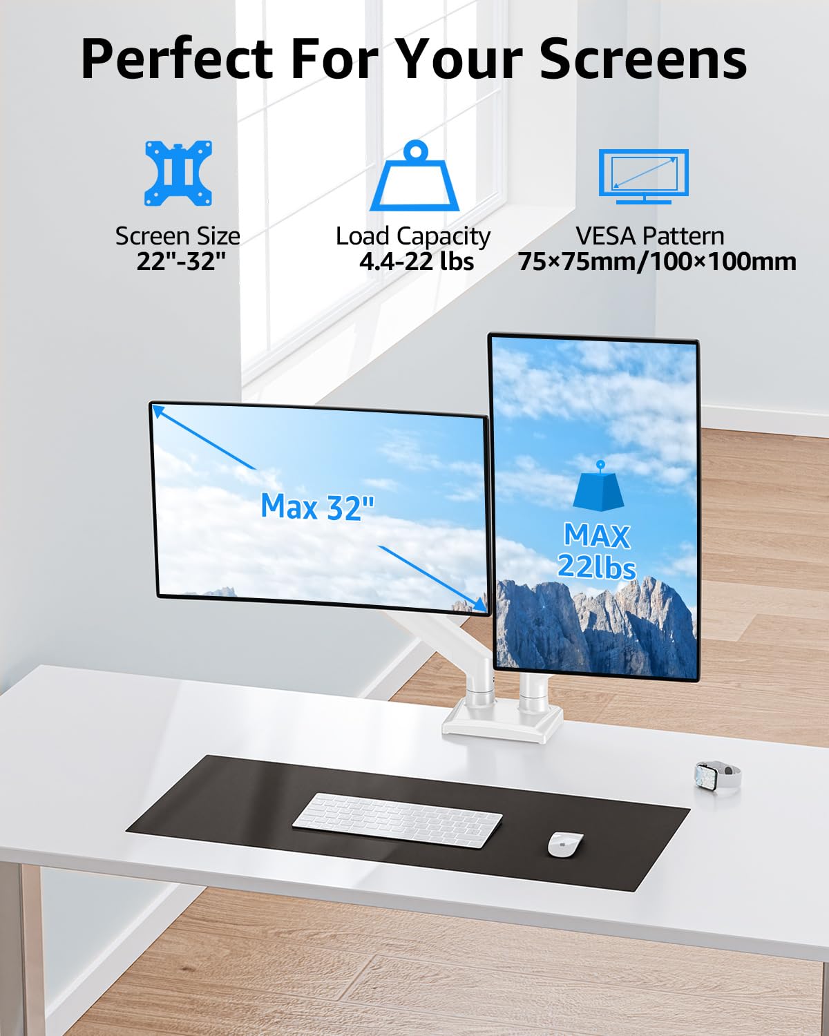 Dual Monitor Stand fits up to 32 inch, 4.4-22 lbs Computer Screens, Dual Monitor Desk Mount Height Adjustable, Monitor Arms for 2 Monitors, Home Office VESA Mounts, Freelift White