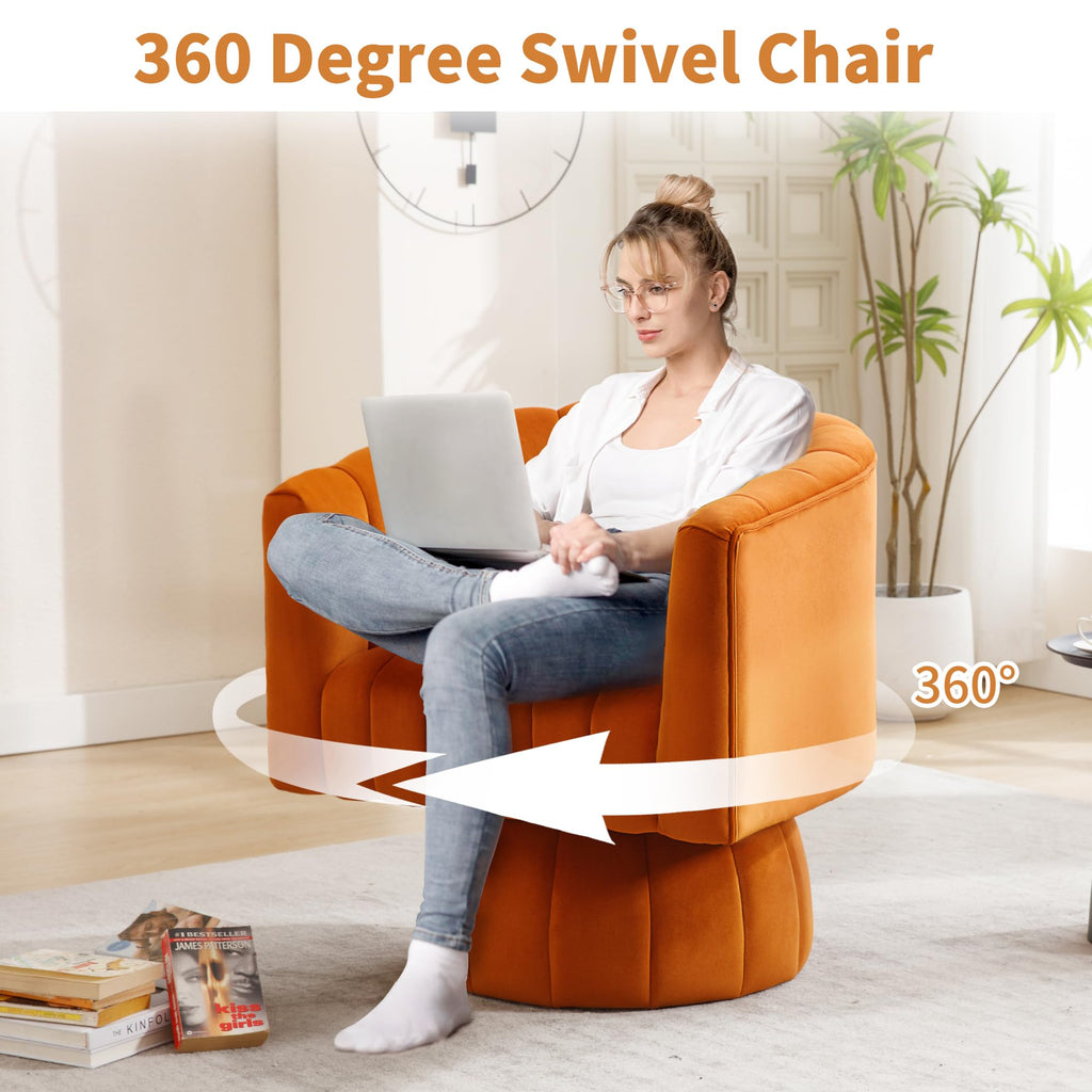 Swivel Accent Barrel Chair, Cute Comfy Small Round 360° Arm Chair, Velvet Sofa Club Reading Chair for Office, Living Room, Bedroom,  Orange