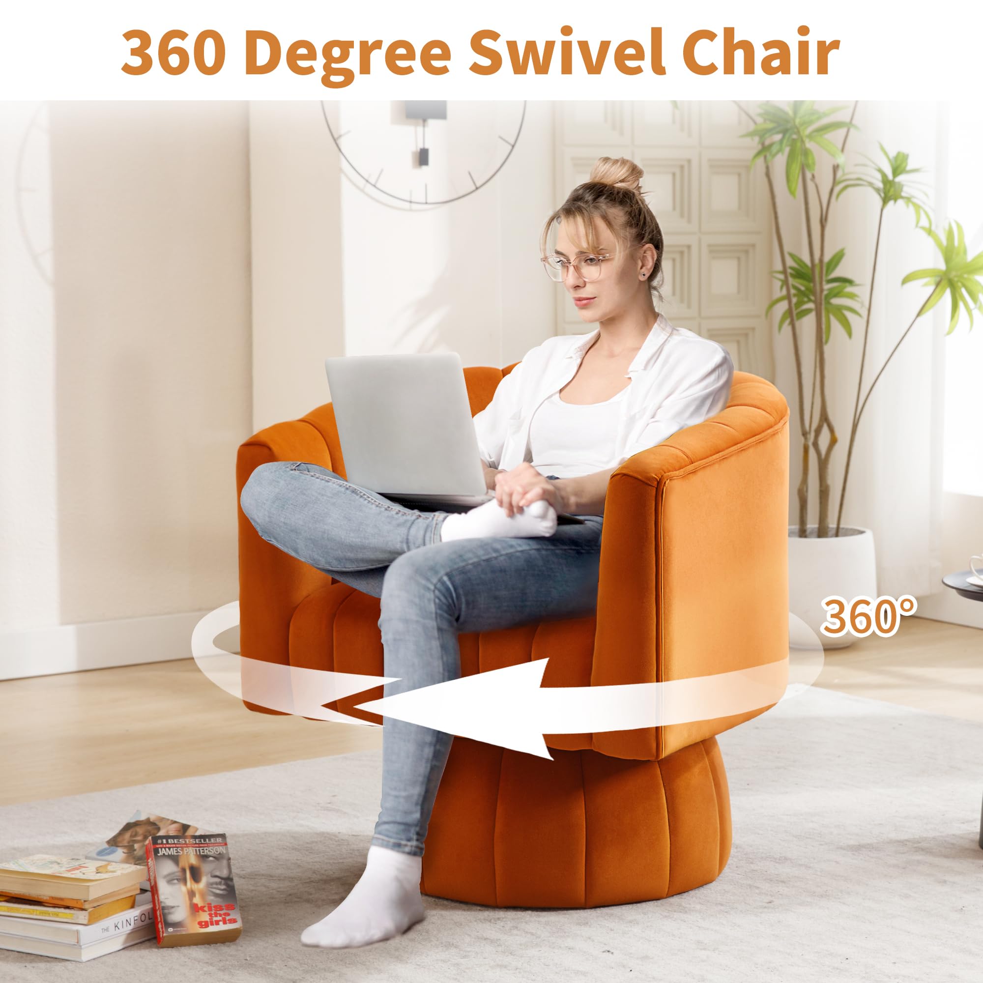 Swivel Accent Barrel Chair Set of 2- Cute Comfy Small Round 360° Arm Chair Velvet Sofa Club Reading Chair for Office Living Room Bedroom Orange