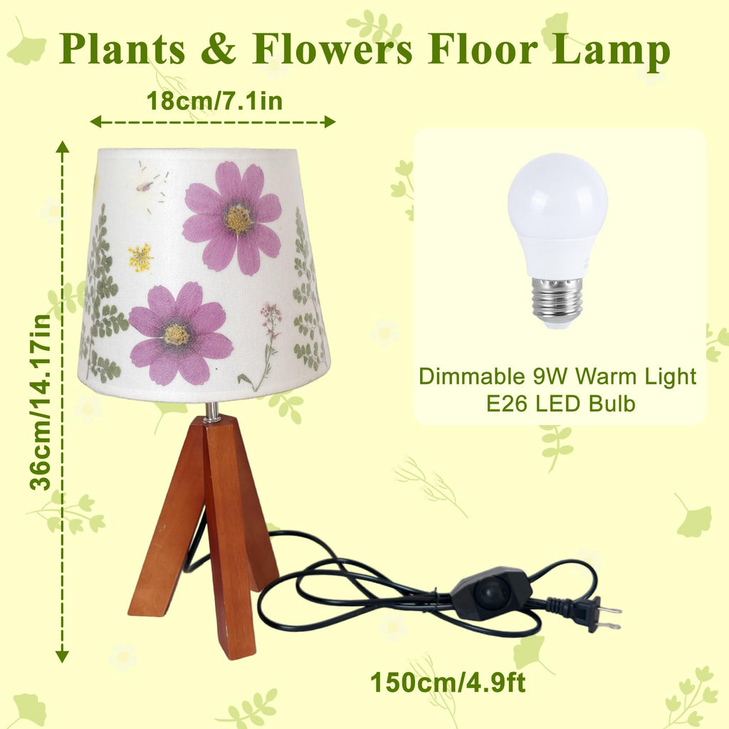 Dried Flowers Tripod Table Lamp 14.17in, 9W LED Dimmable Cute Bedside Lamp with Flowers Linen Lampshade for Nursery, Bedroom, Kid Room, Living Room, Light Brown Wooden Base