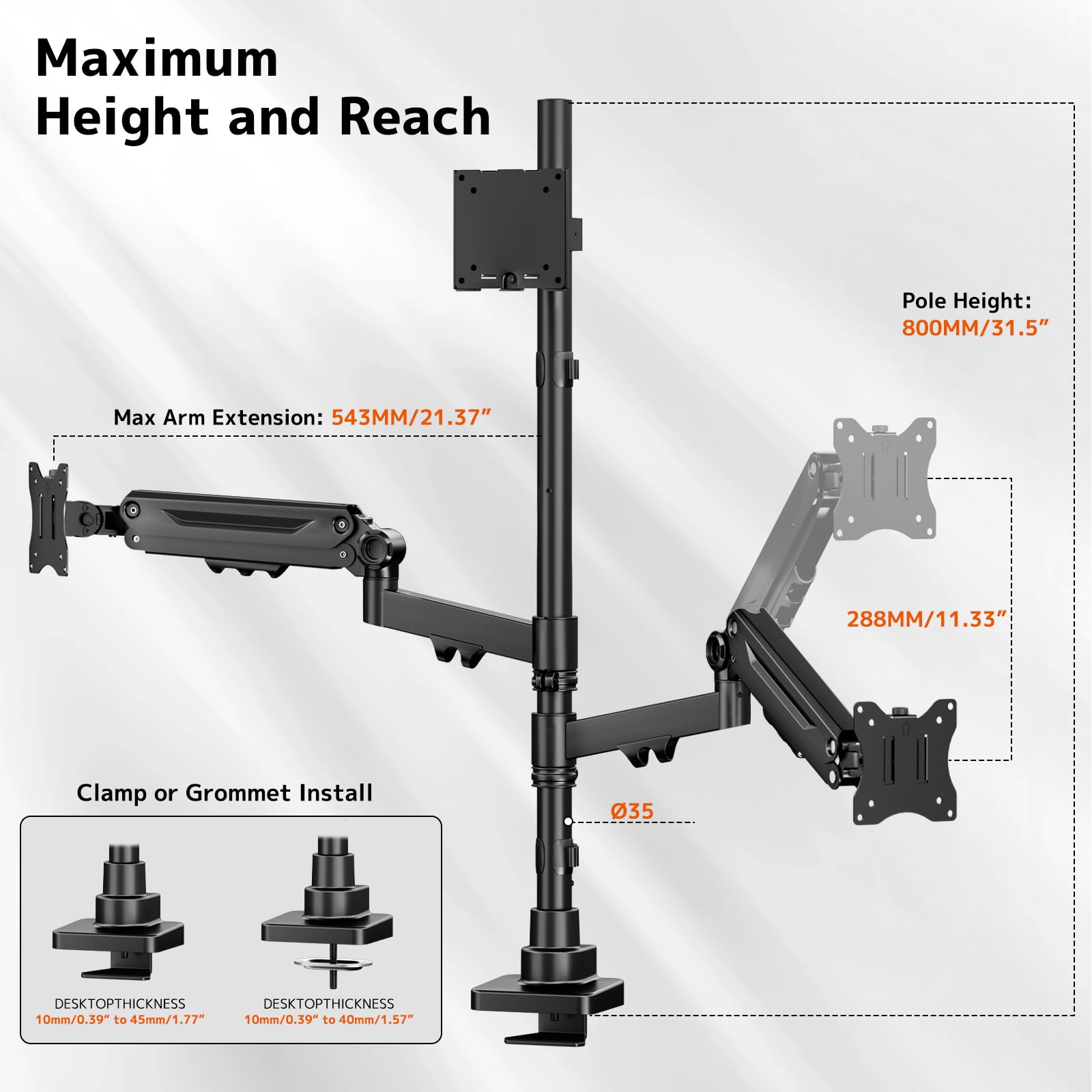 Triple Monitor Mount up to 49 inches, Fully Adjustable Heavy Duty 3 Monitor Arm with Gas Spring, Desk Mount for 3 Screens, C-Clamp & Grommet Base, Holds 44 lbs, Black