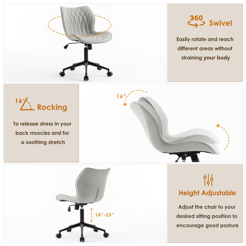 Armless Desk Chair Comfy Office Chair with Wheels Home Ergonomic Task Chair Adjustable Computer Chairs Modern Faux Leather Swivel Chair Upholstered Makeup Vanity Chair with Back(Gray)