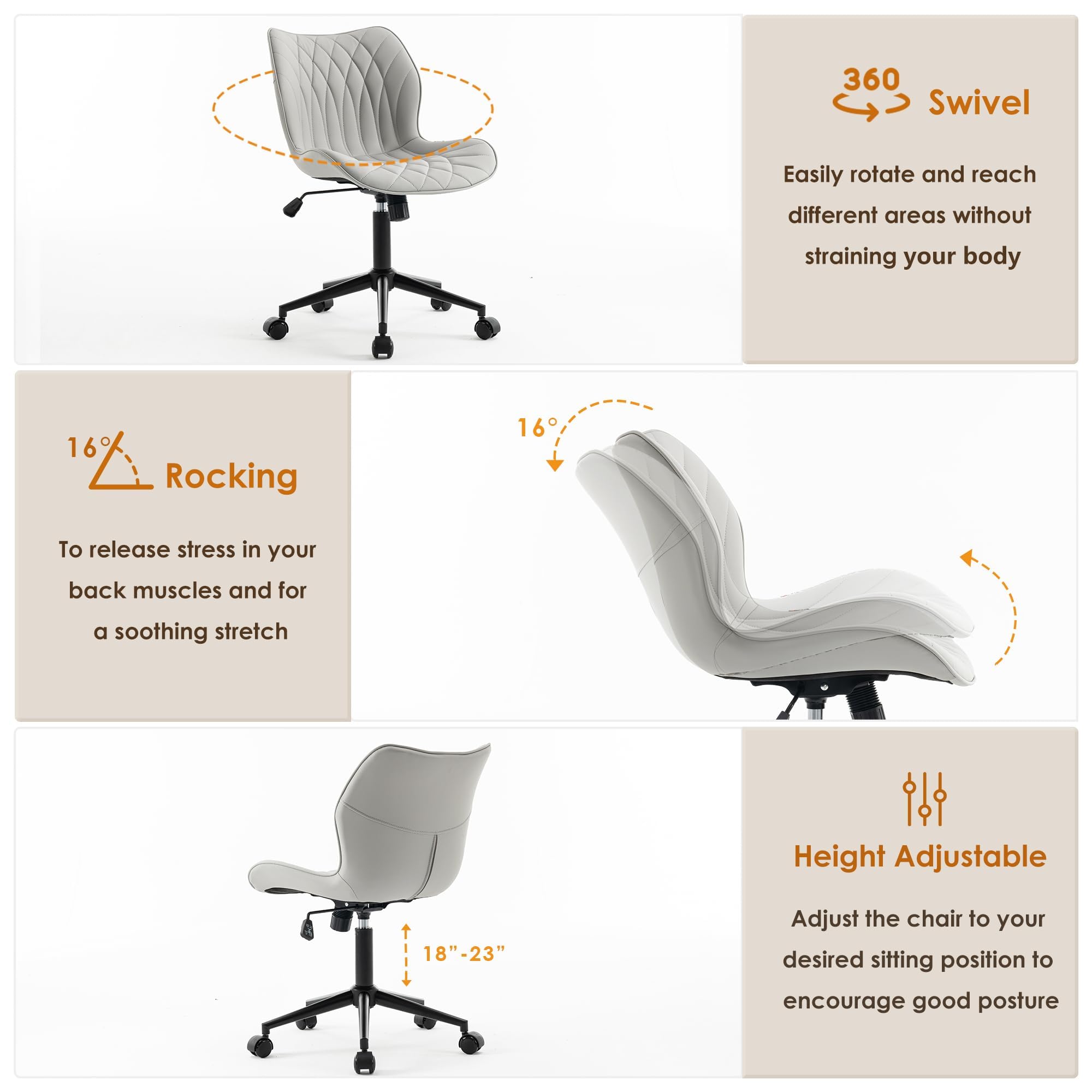 Armless Desk Chair Comfy Office Chair with Wheels Home Ergonomic Task Chair Adjustable Computer Chairs Modern Faux Leather Swivel Chair Upholstered Makeup Vanity Chair with Back(Gray)