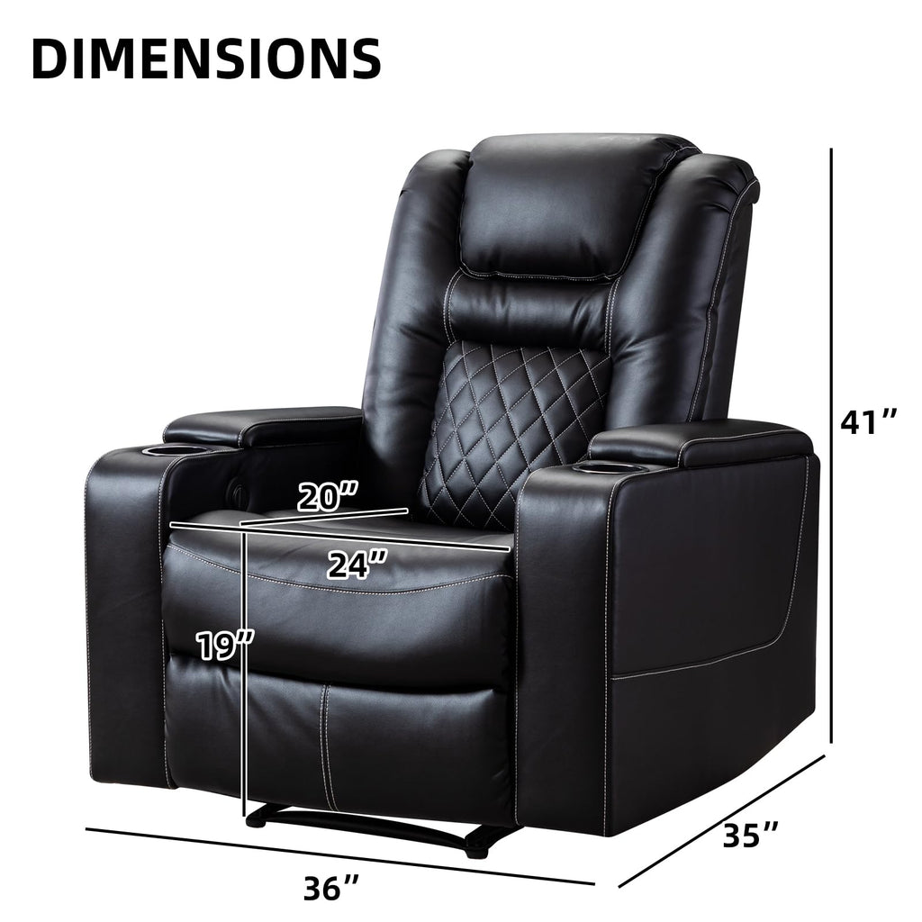Electric Power Recliner Chair with USB Ports and Cup Holders, Breathable Leather Seating with Hidden Arm Storage (Black)