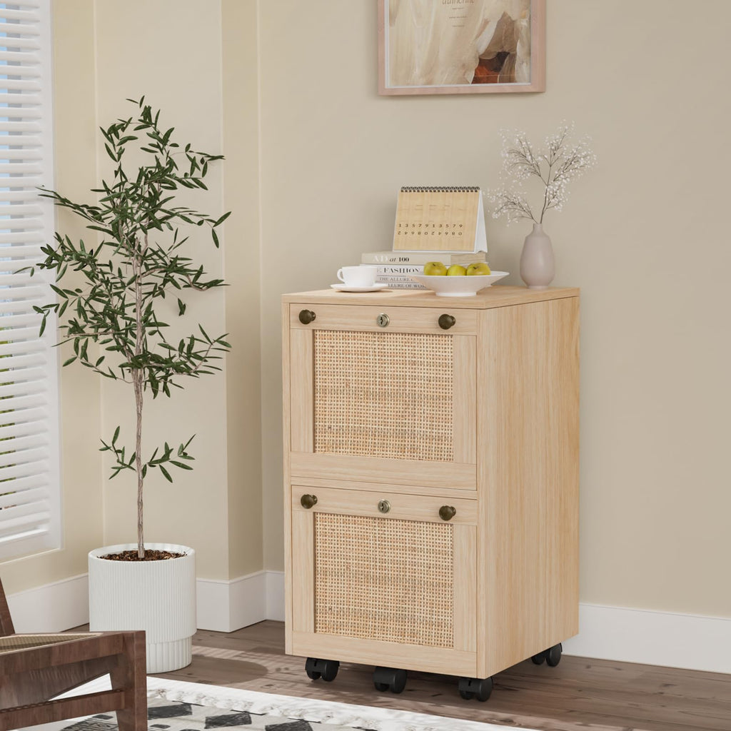 2 Drawer File Cabinet with Lock, Rolling File Cabinets for Home Office, Small Printer Stand, Wood Rattan Oak File Organizer, Under Desk Filing Cabinet on Wheels for Folders with Tabs
