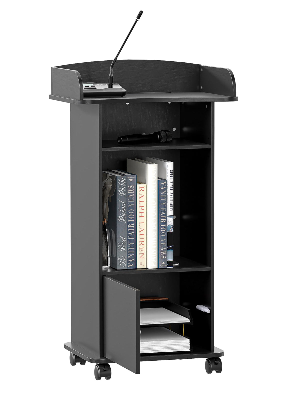 Podium Stand with Wheels Wooden Lectern Podium Stand Portable Pulpit Standing with Storage Mobile Reception Podiums Desk for Church Office School Conference Restaurant Meeting, Black