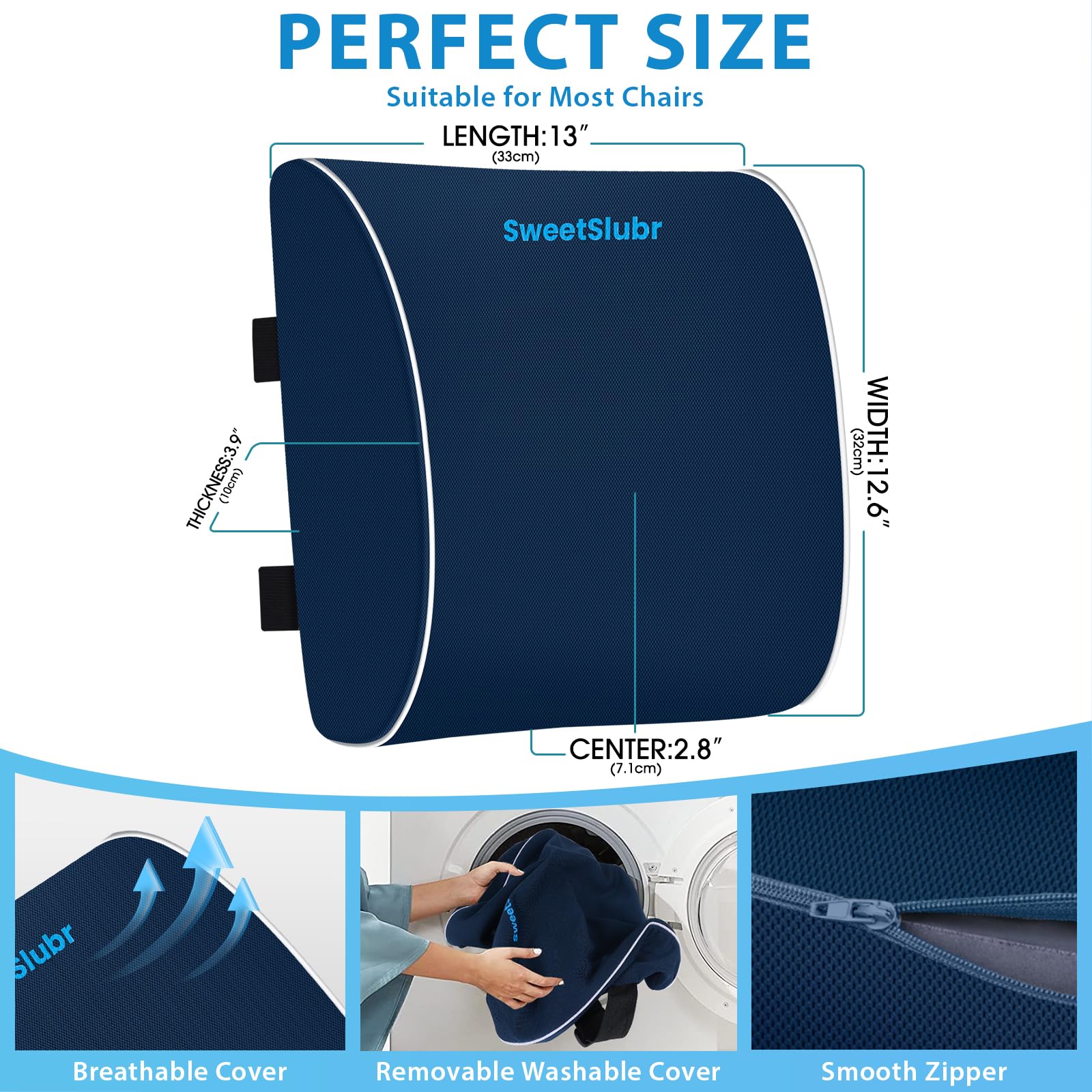 Lumbar Support Pillow for Office Chair, Car Seats and Home Desks, Ergonomic Back Support with Double Adjustable Straps, Machine Washable Cover, Blue