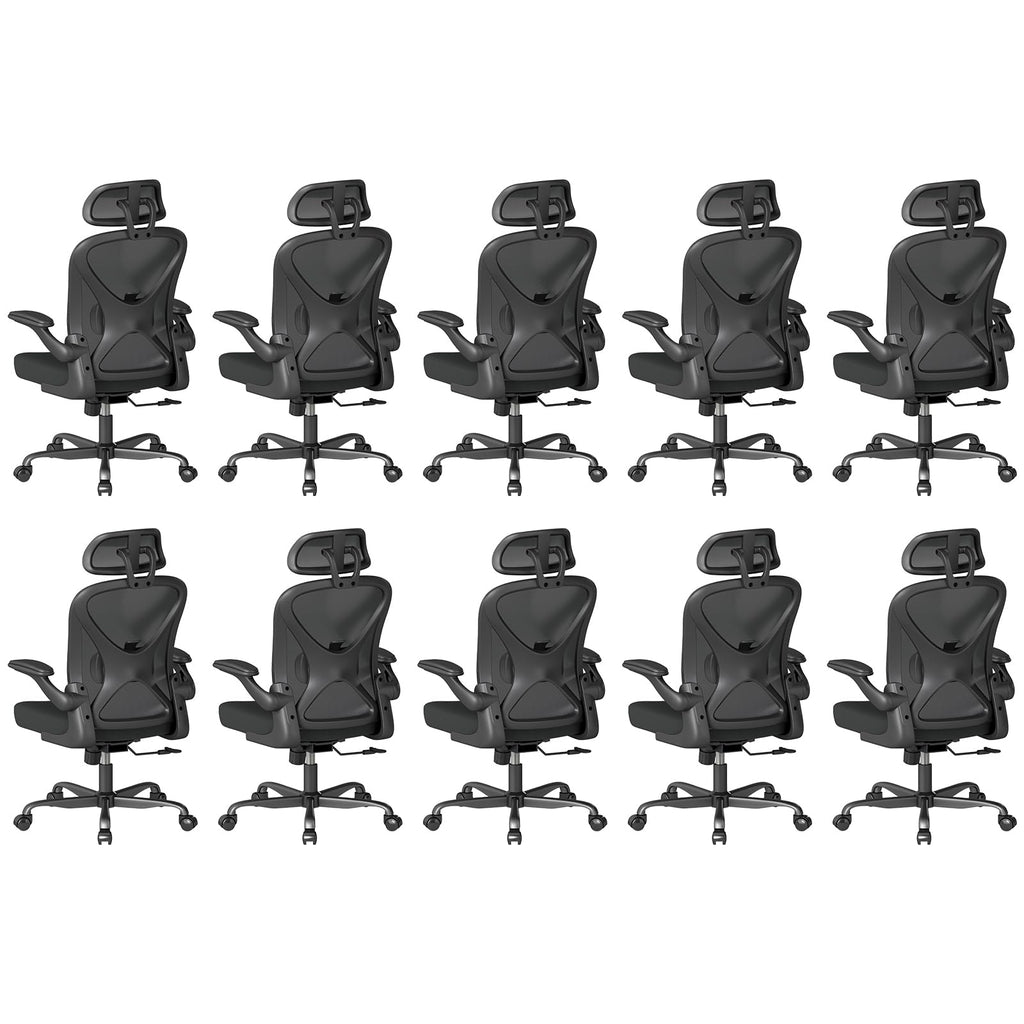 Ergonomic Office Chair Set of 10, with Adjustable Lumbar Support, Mesh Fabric Home Office Chair with Headrest, 360° Swivel and Flip-Up Armrests, Black